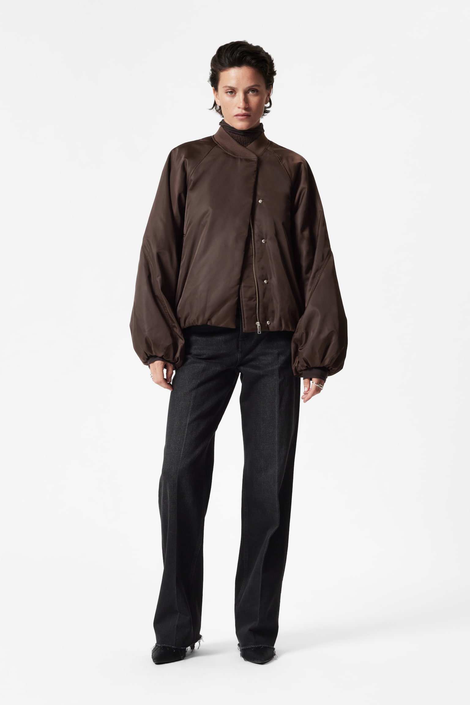 Voluminous-Sleeve Bomber Jacket - Dark Brown - 1