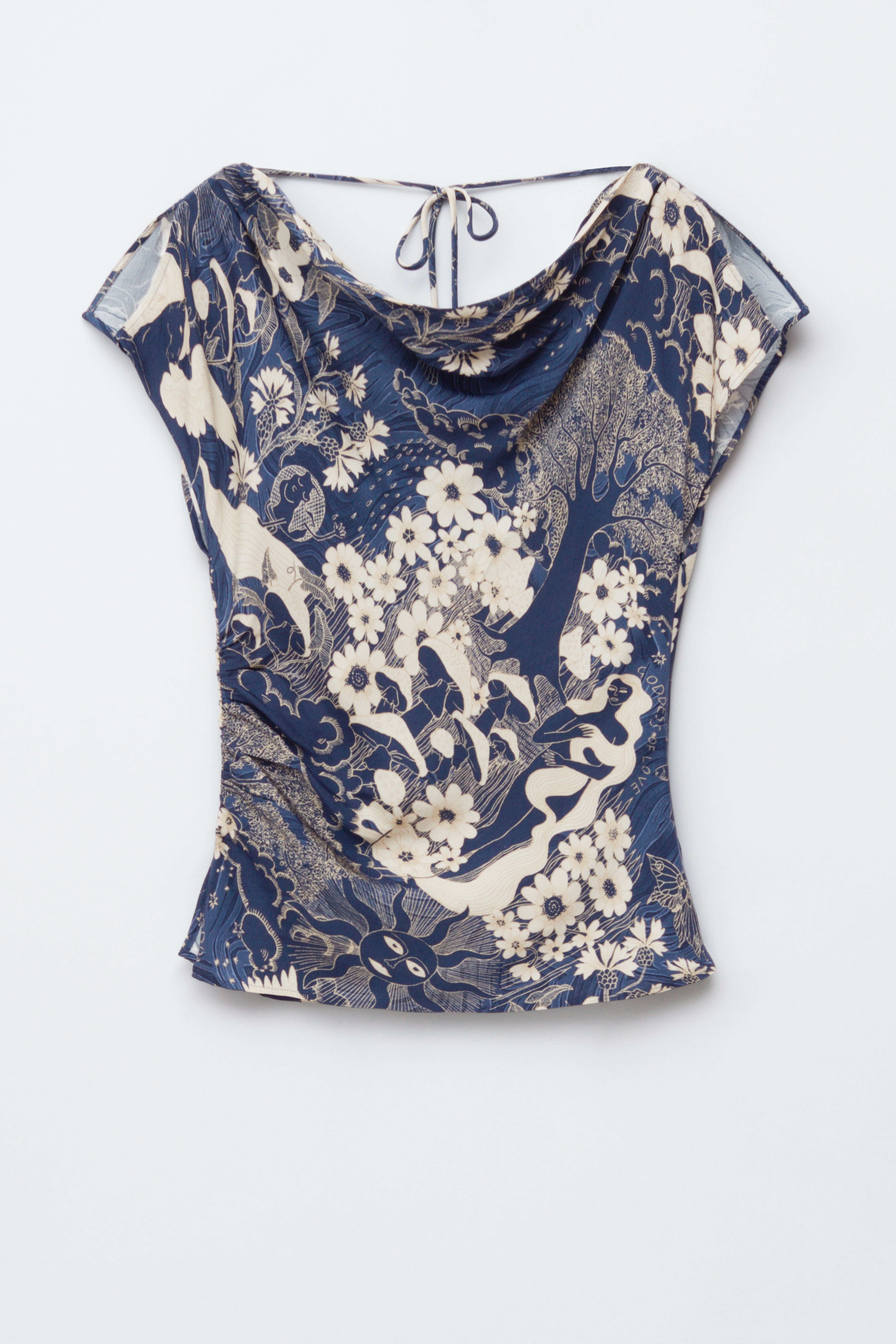 Maglia con collo ad anello drappeggiato - Motivo blu scuro/beige