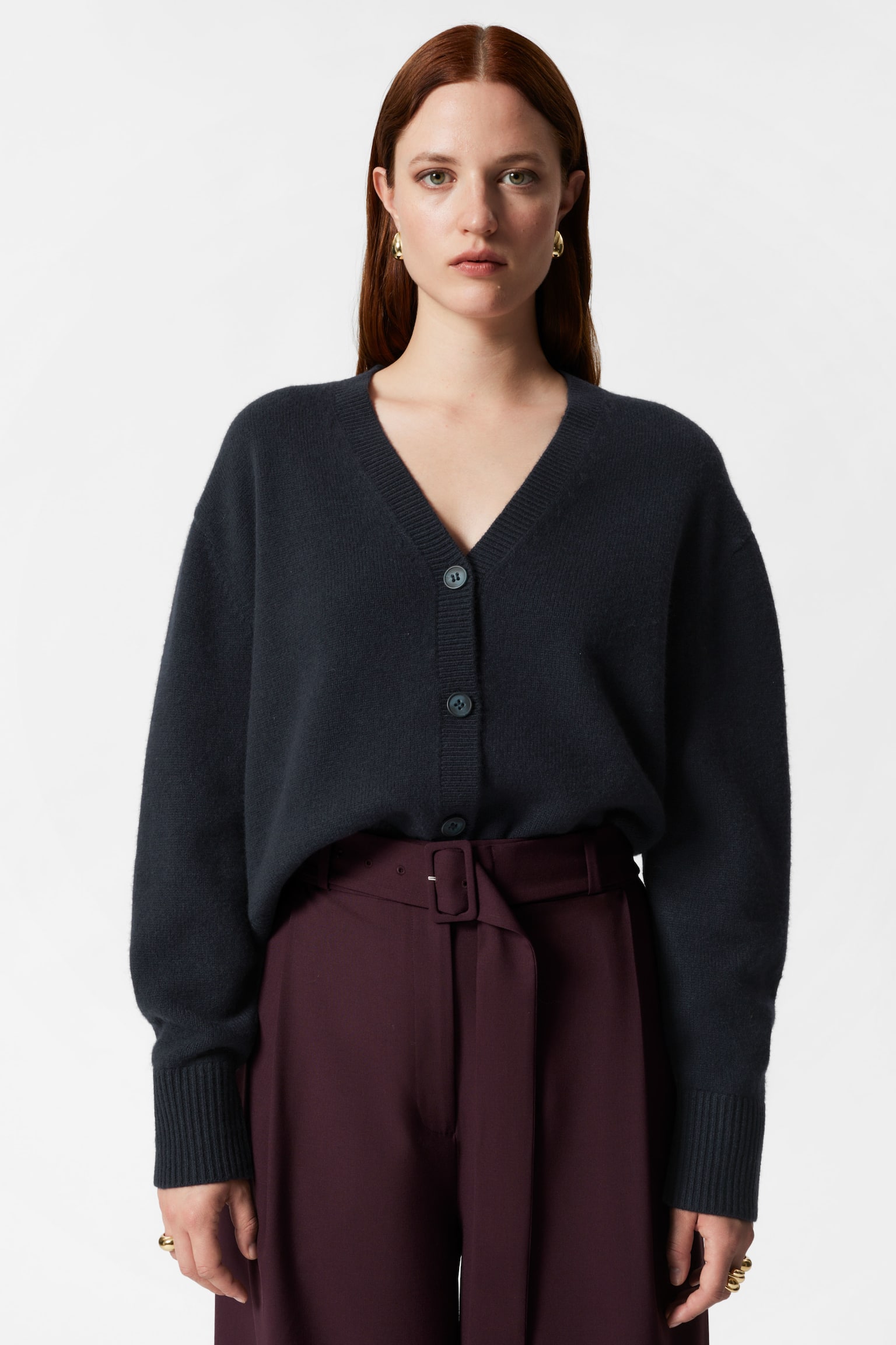 Oversized Merino Knit Cardigan - Navy/Grey - 1