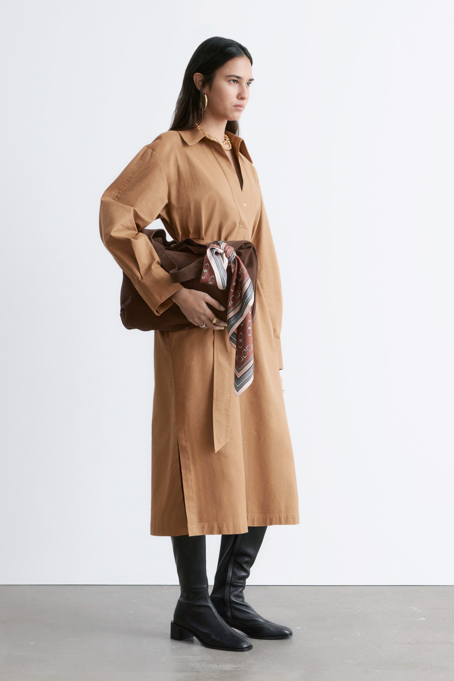 Belted Midi dress - Кафяво/Тъмносиньо - 4