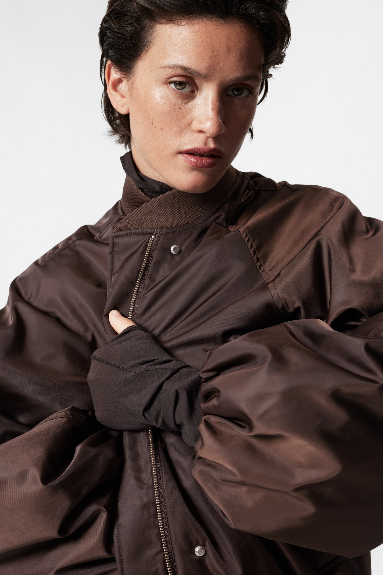 Voluminous-Sleeve Bomber Jacket - Dark Brown - 4