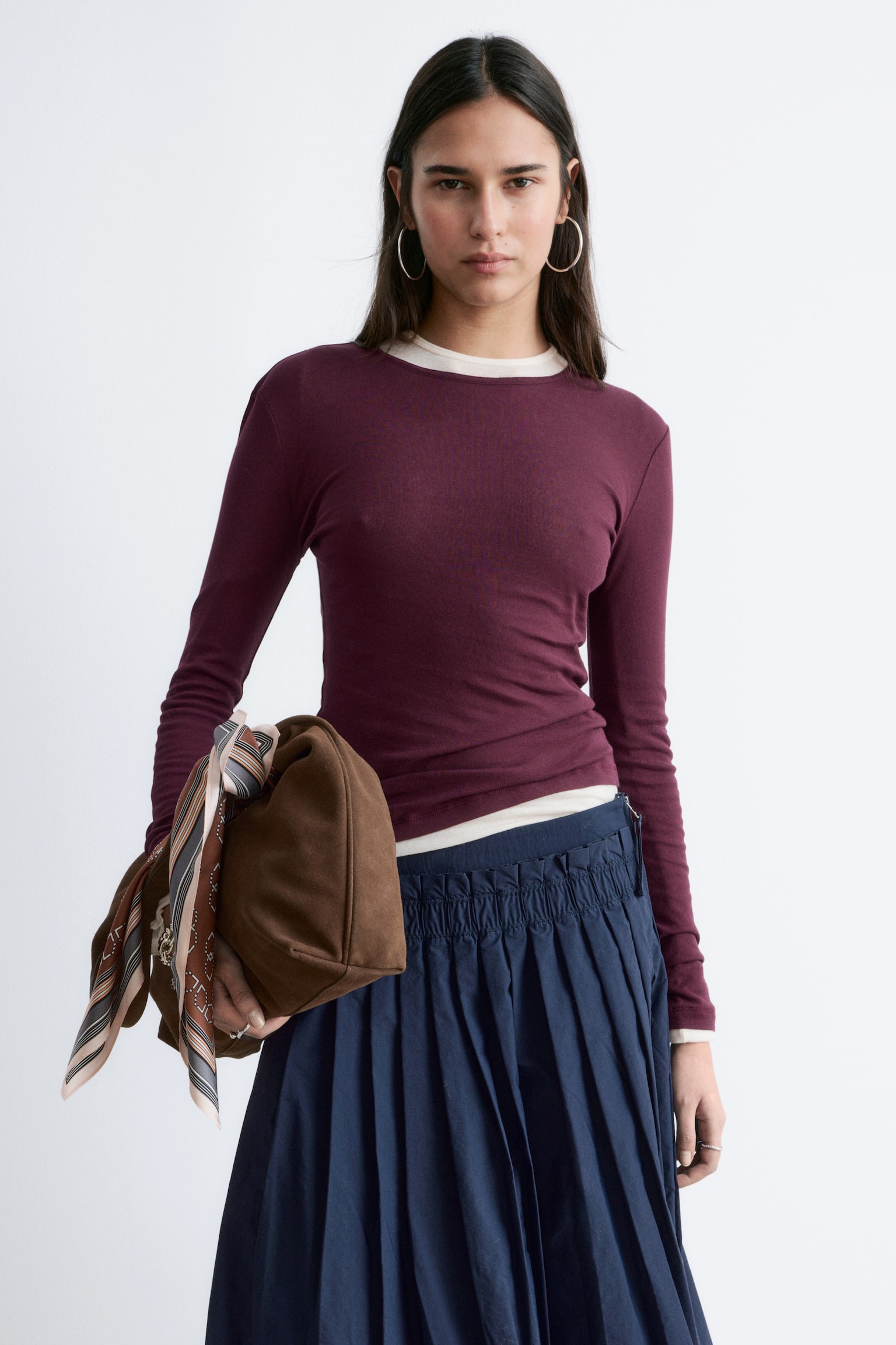 Памучна блуза с дълги ръкави - Бордо/Оранжево/Бяло - 6