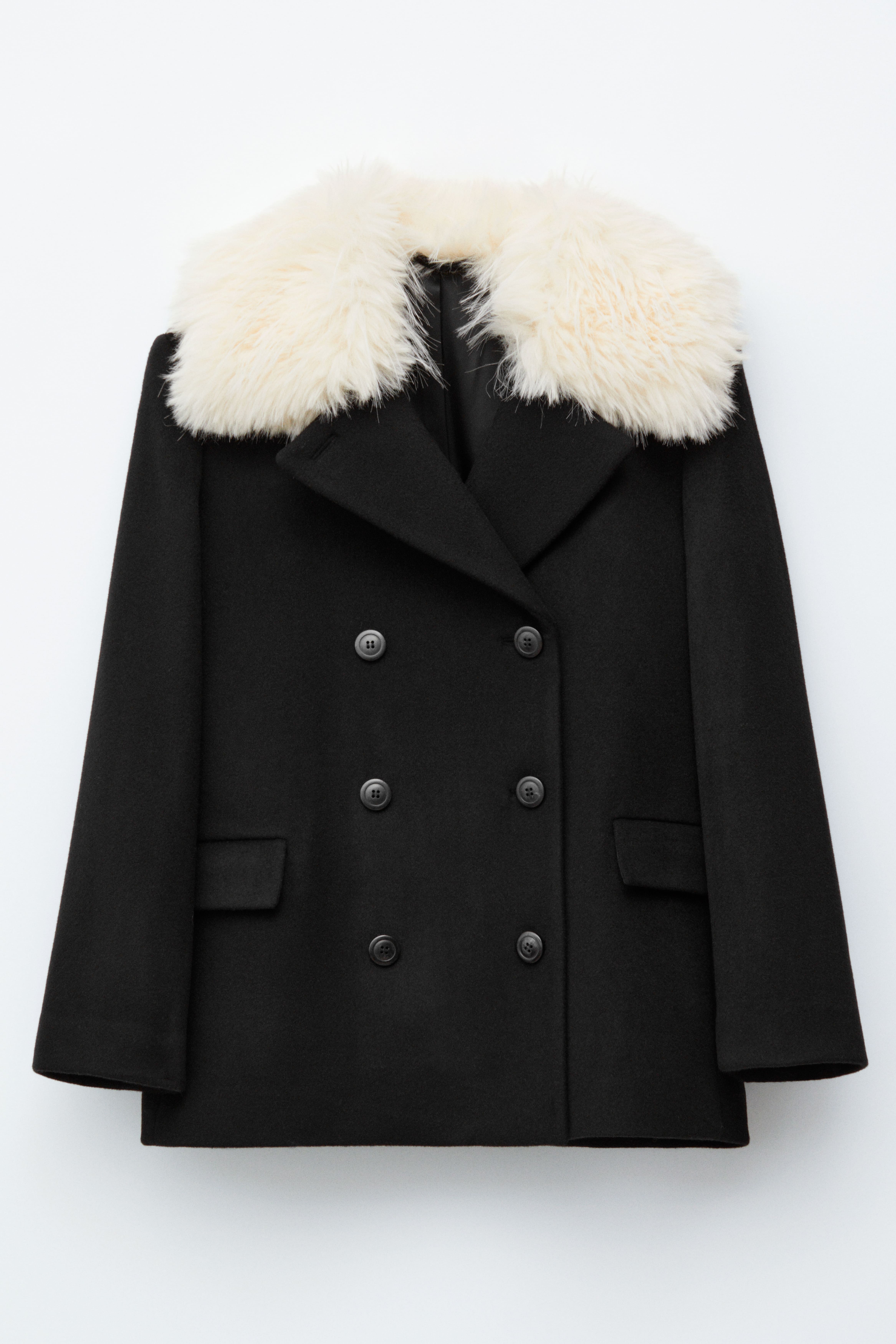 Kurzer Mantel mit Kunstpelzkragen - Schwarz