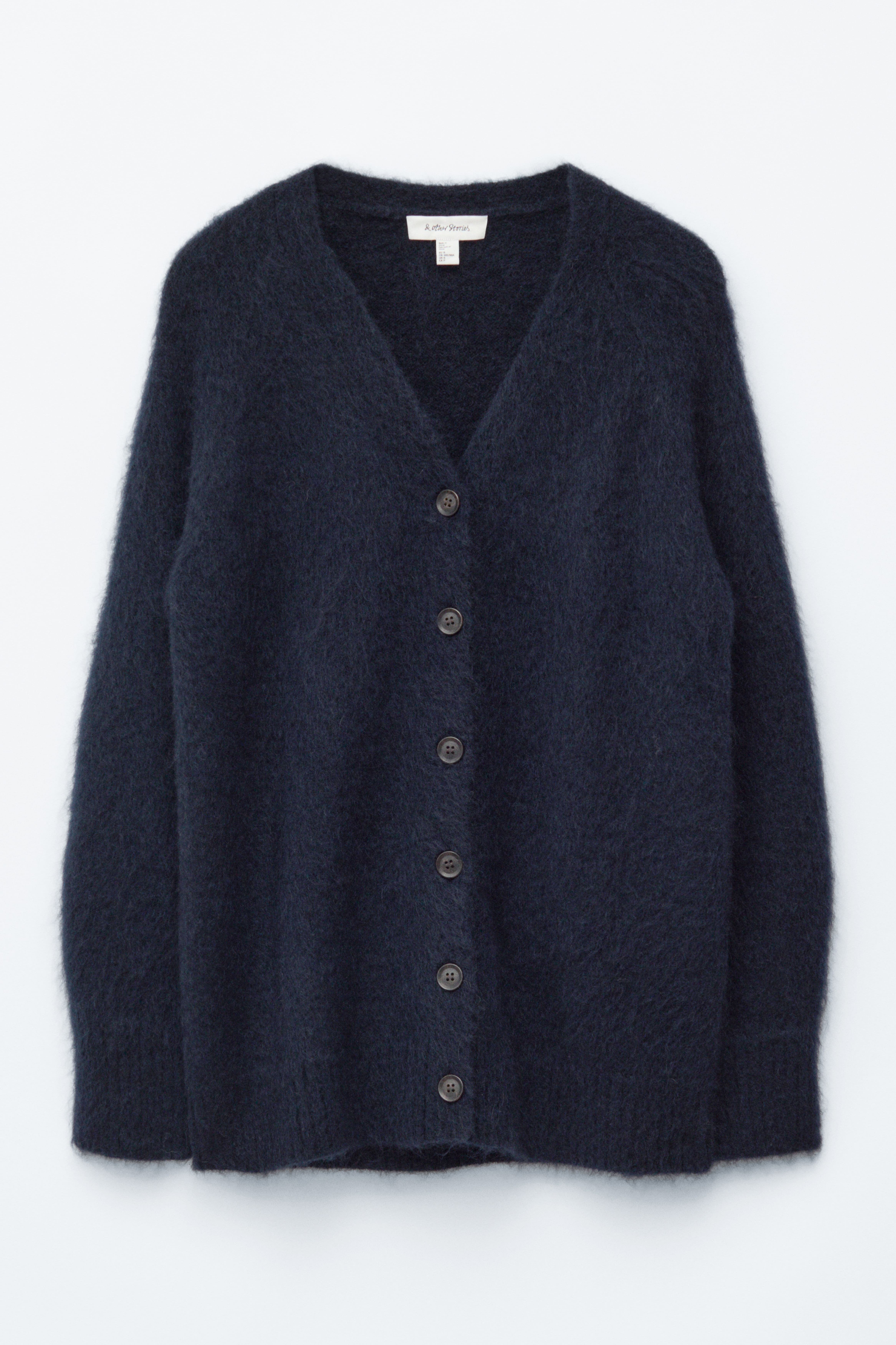 Lång cardigan i mohairblandning - Mörkblå/Grå