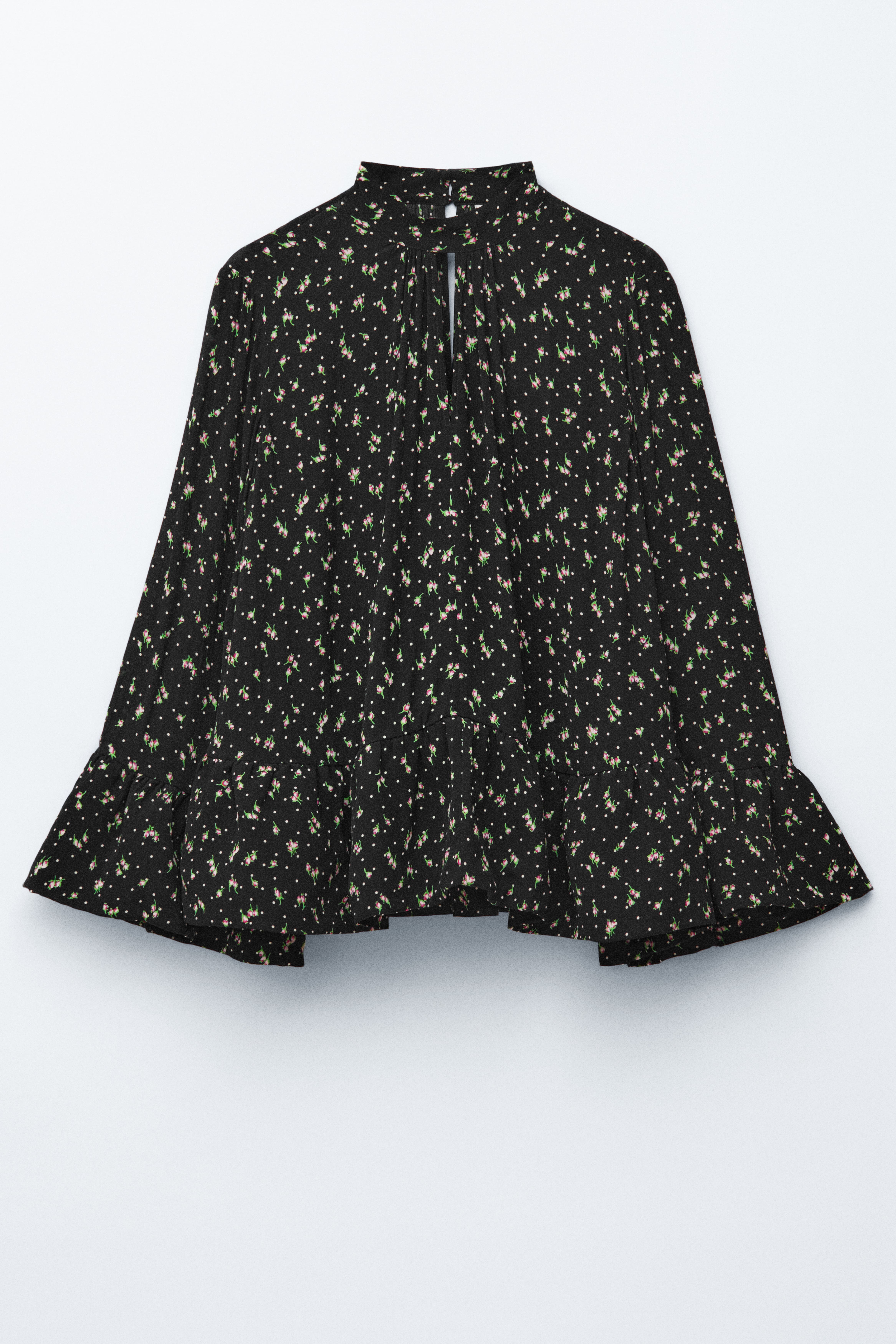 Blusa con gala e colletto alla coreana - Nero/Motivo floreale