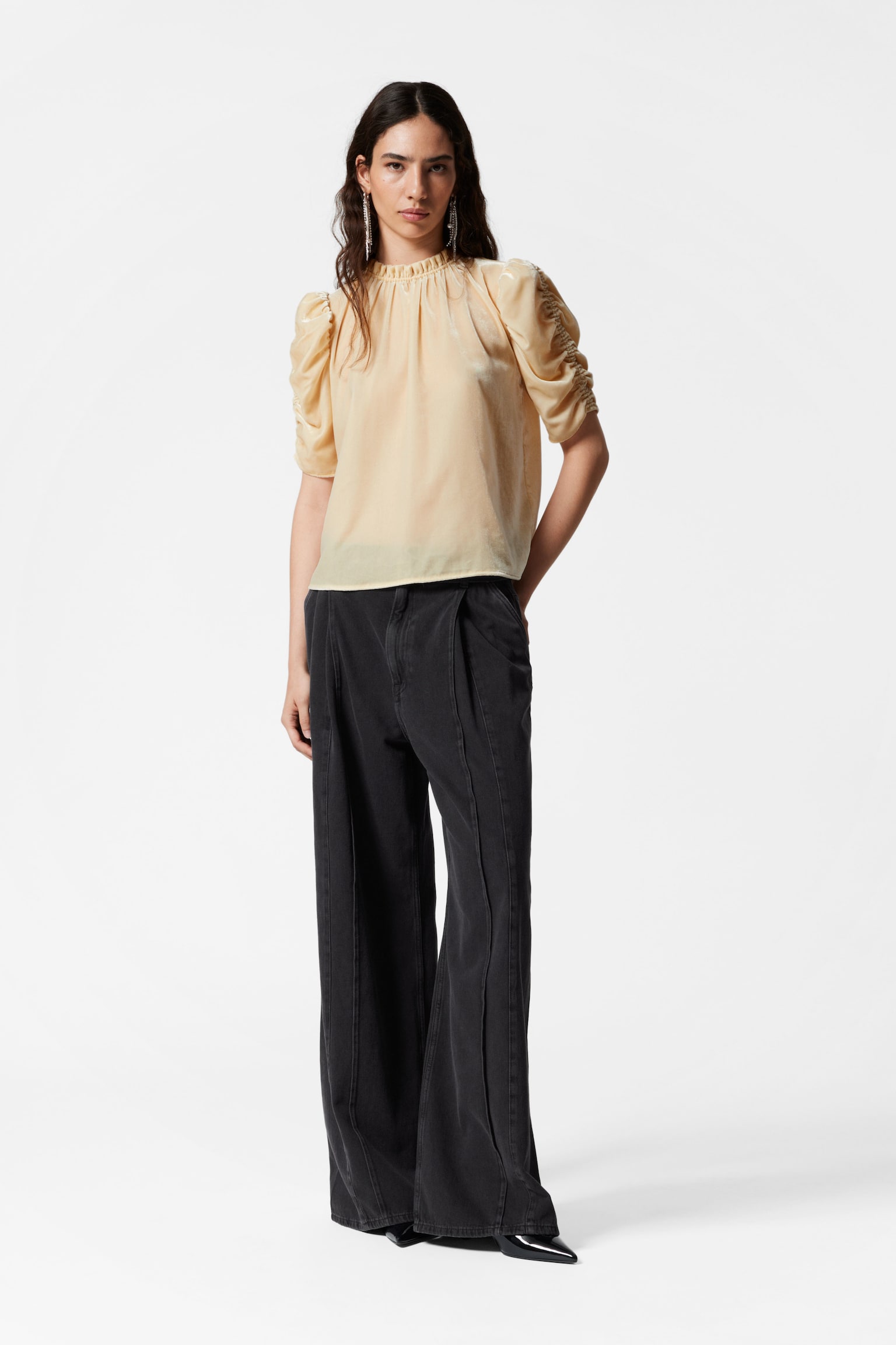 Puff Sleeve Velvet Top - Pale Yellow/Olive - 6