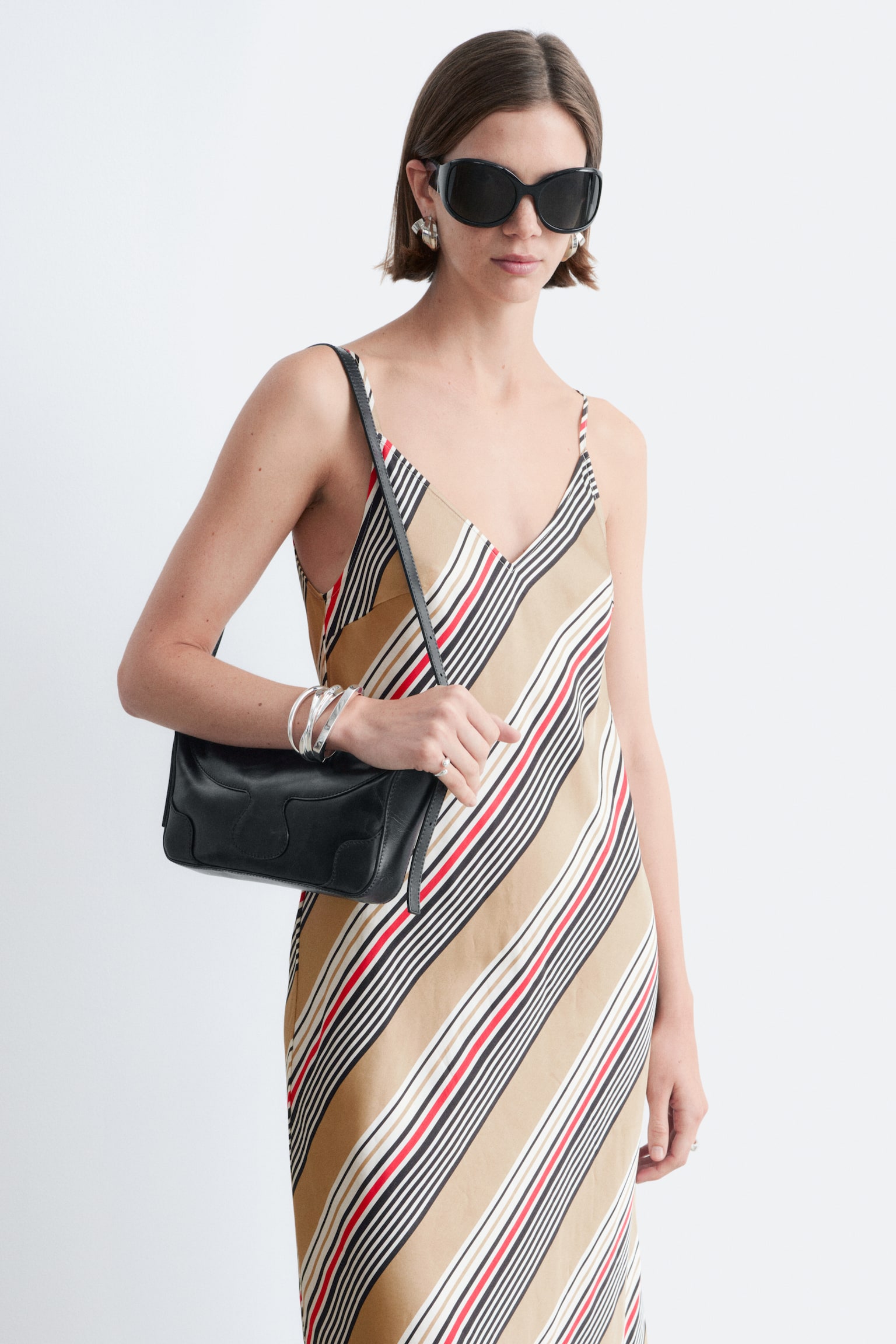 Abito sottoveste midi in raso - Beige/Righe grafiche - 8
