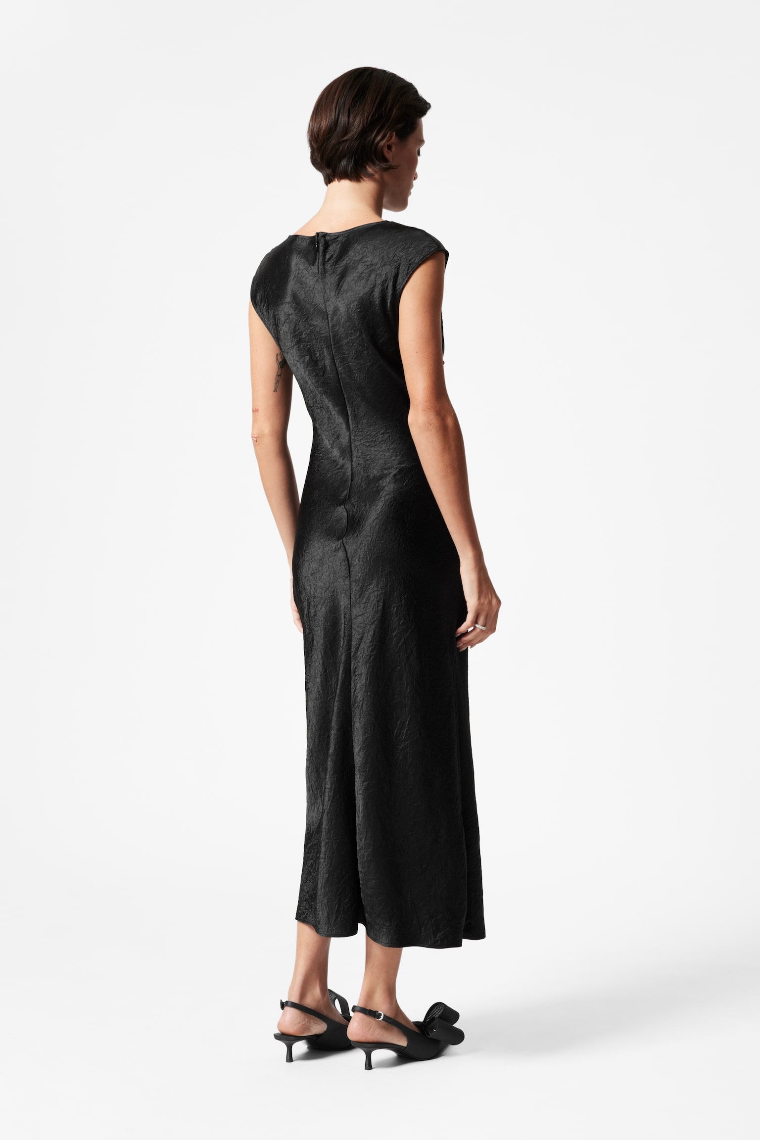 Satin Boat-Neck Midi Dress - Black - 3