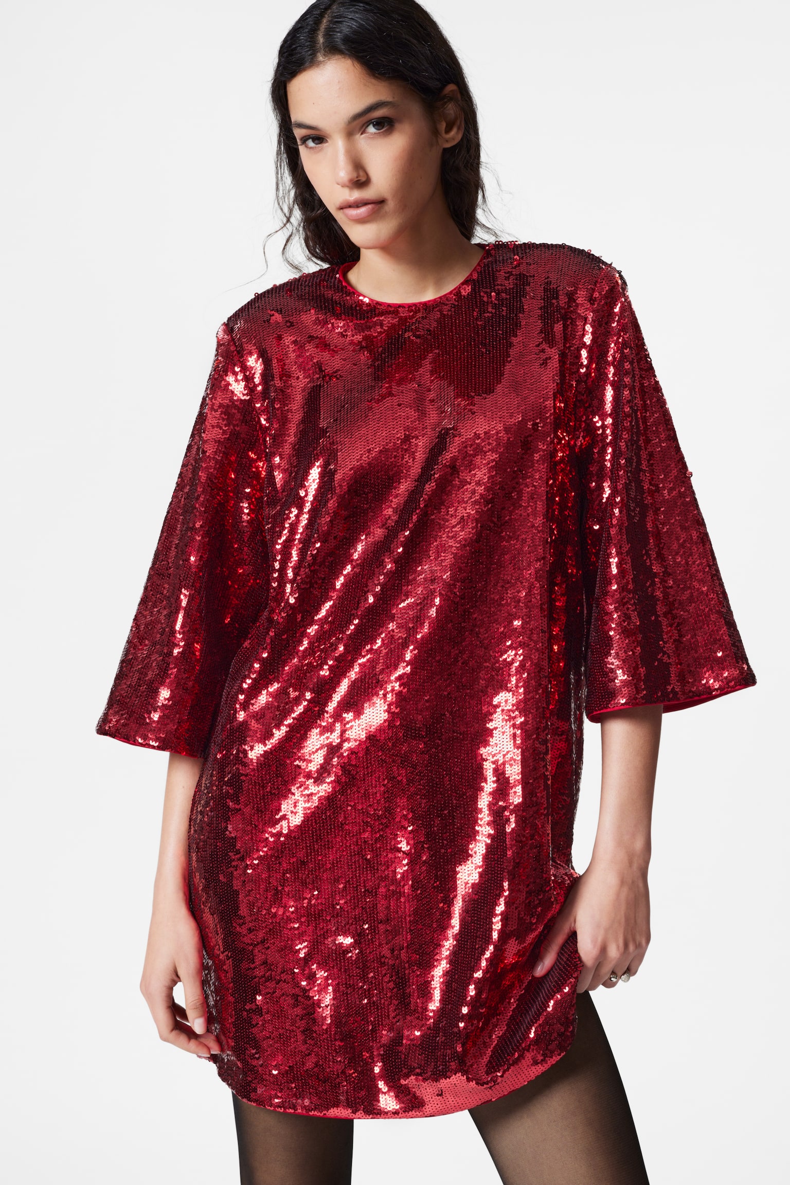 Sequined Mini Shift Dress - Black/Red - 4