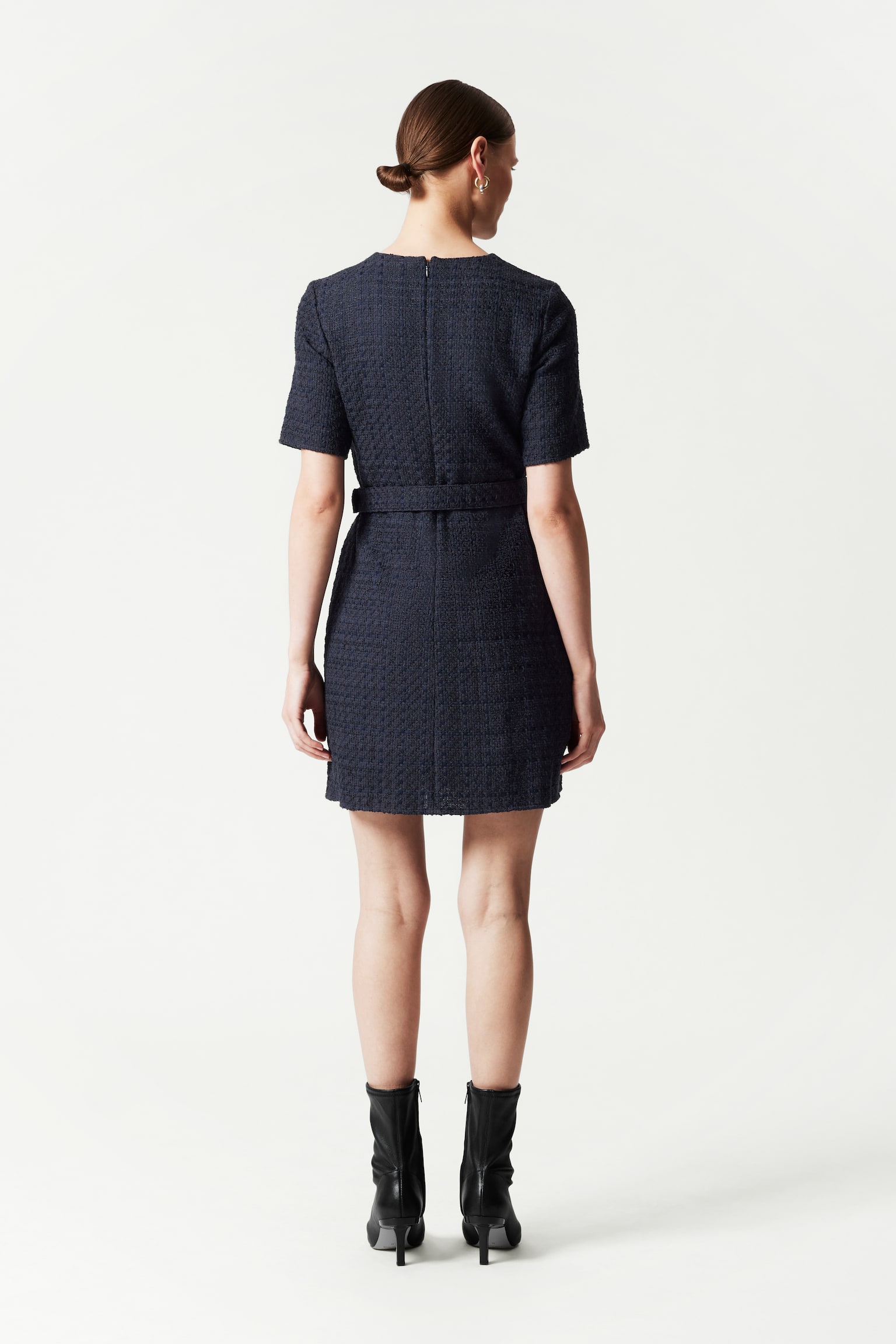 Tweed Belted Mini Dress - Dark Blue Tweed - 4