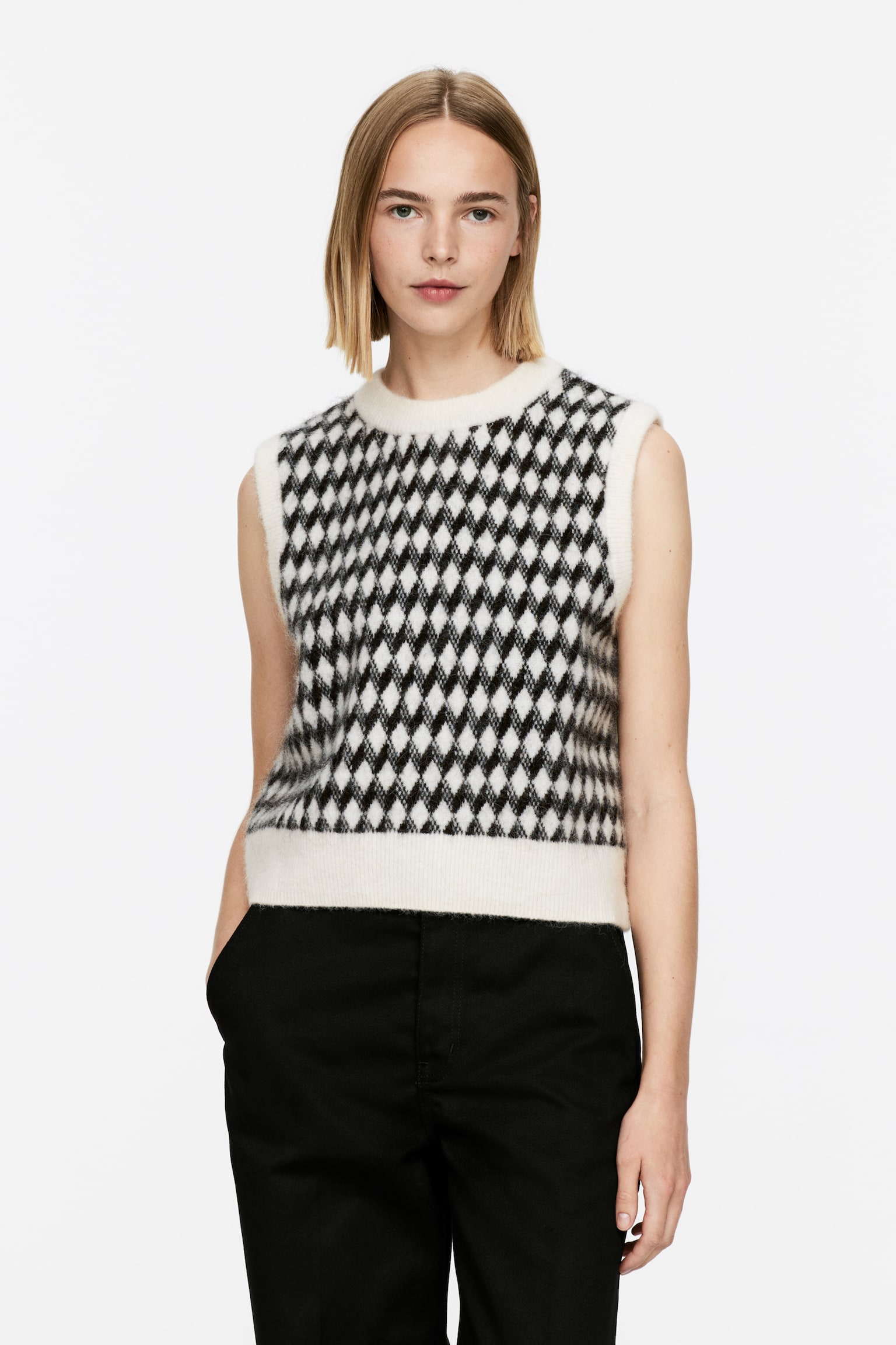 Alpaca-Wool Blend Vest - White/Black/Black - 1