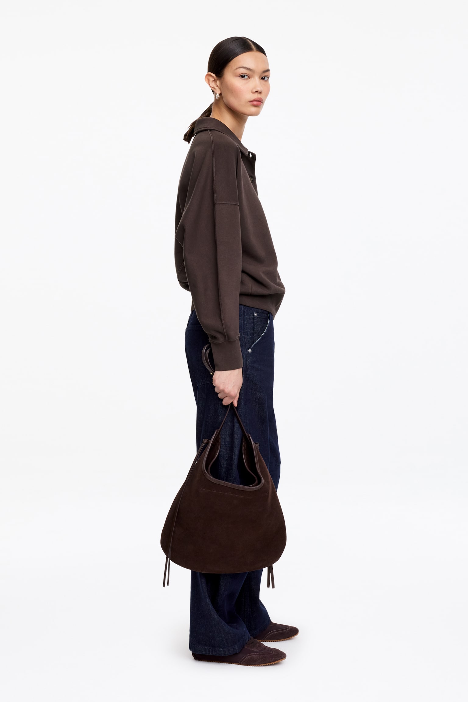 Sweatshirt aus French Terry mit Polokragen - Dunkelbraun/Hellblau/Cremeweiß - 4