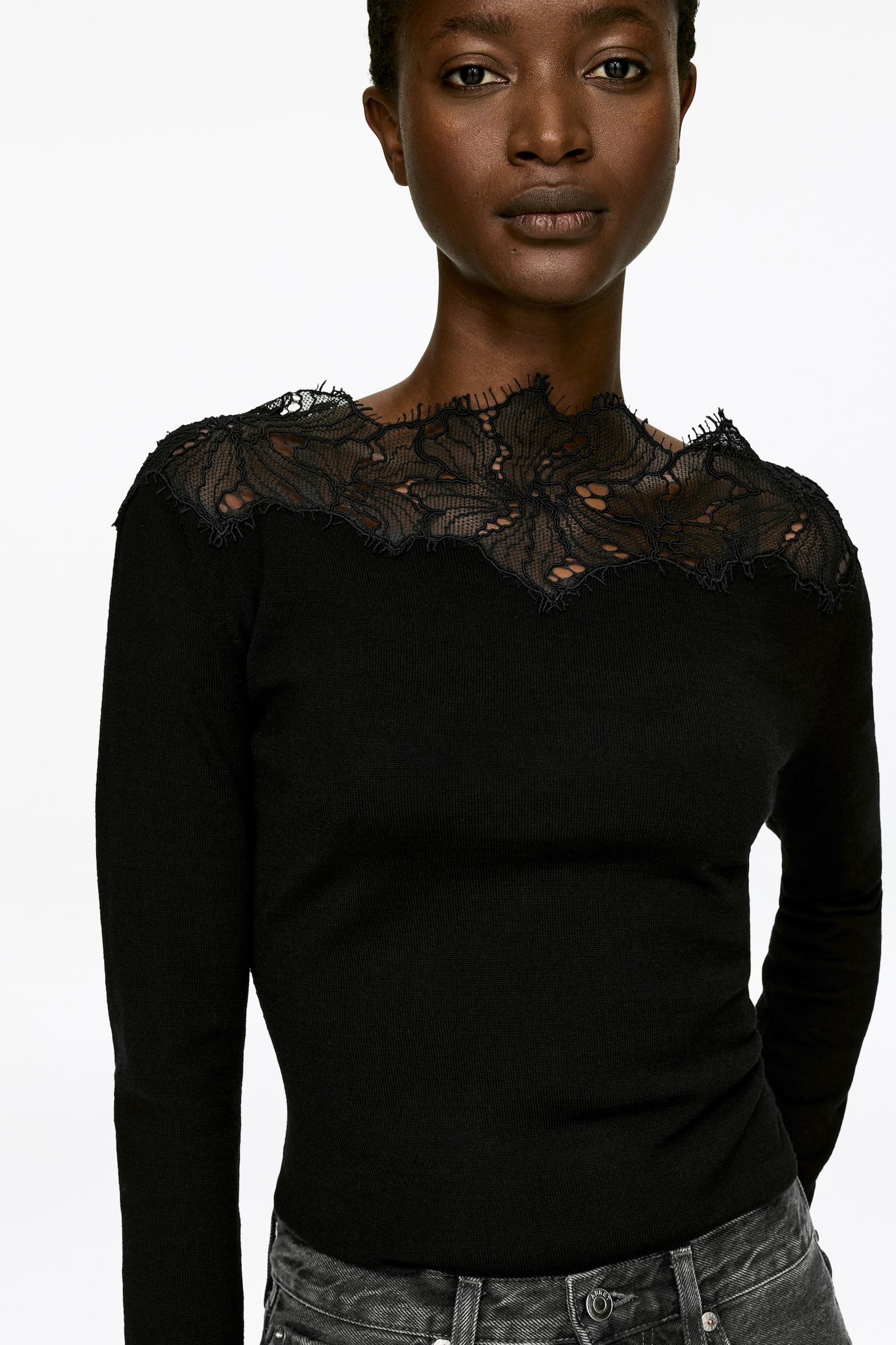Strickoberteil mit Spitze - Schwarz - 6