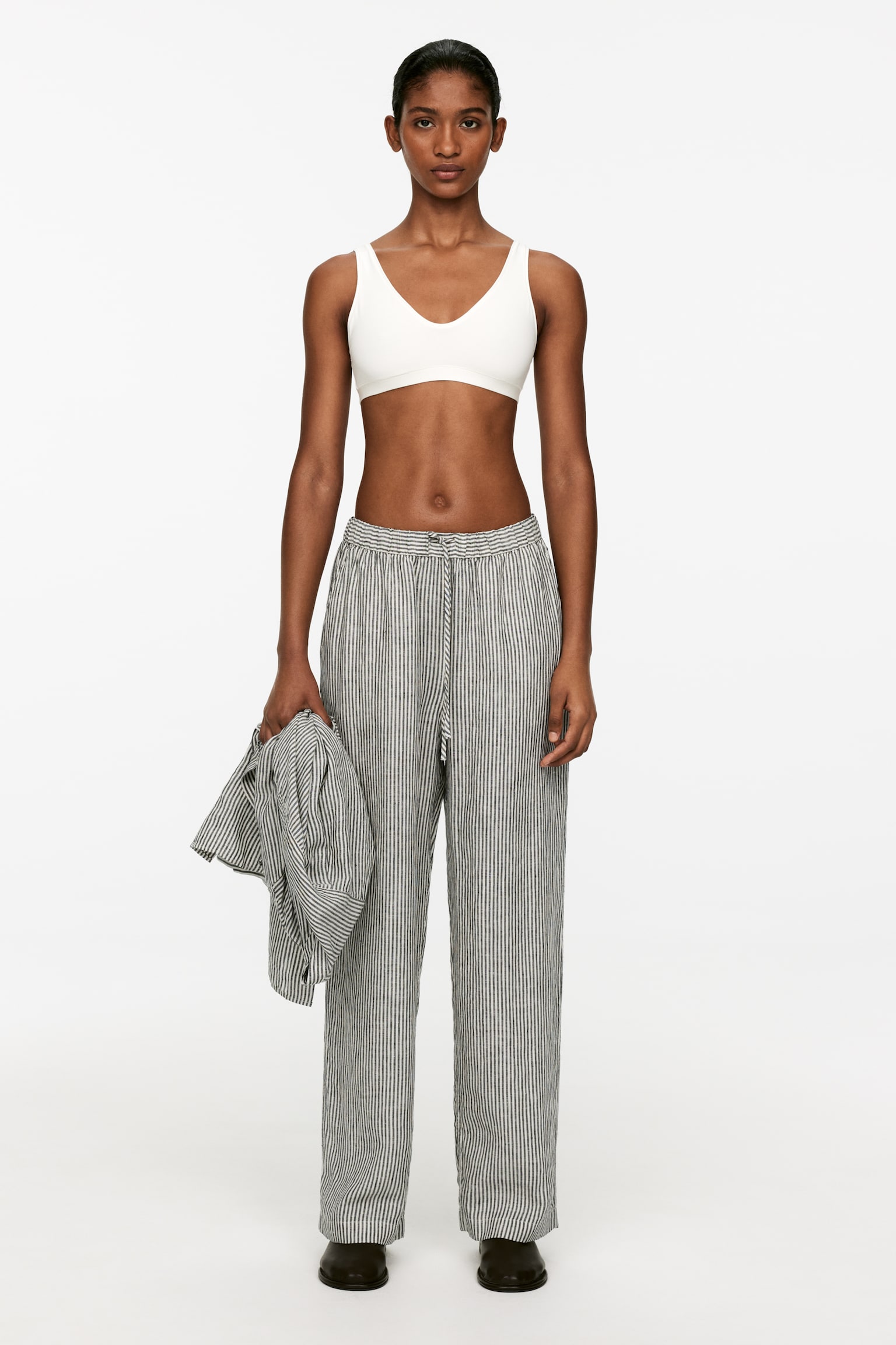 Linen Drawstring Trousers - Off White/Black/Black/Beige - 2