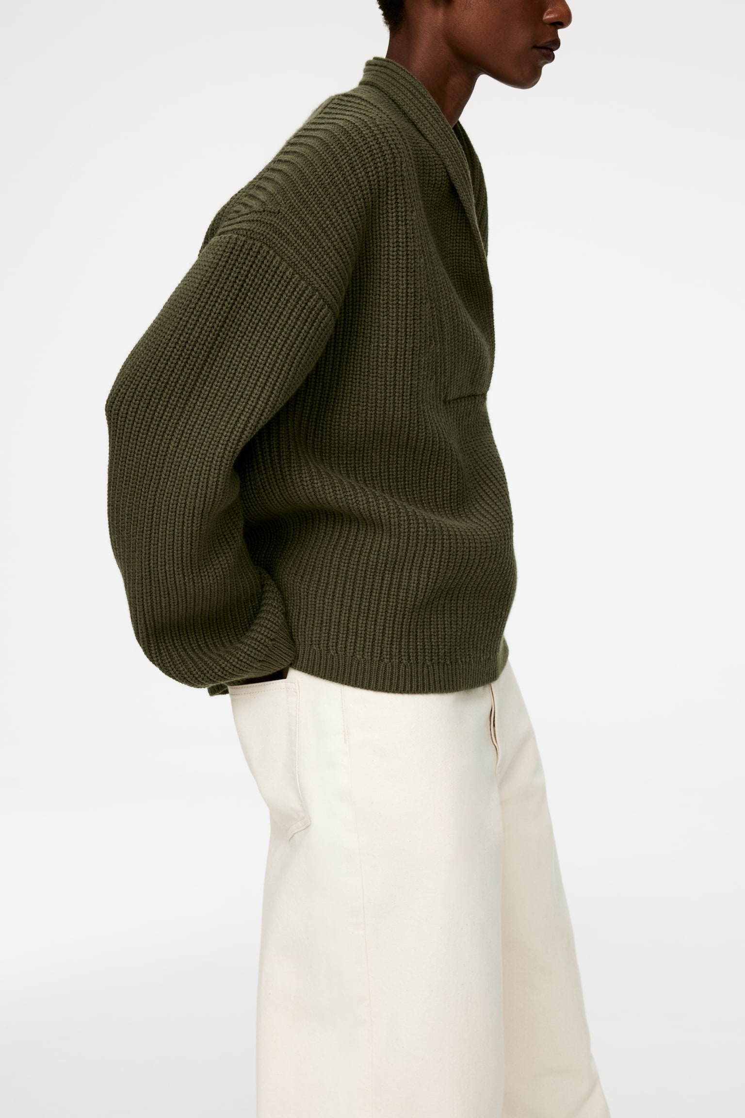 Shawl Collar Jumper - Khaki Green/Off White - 4