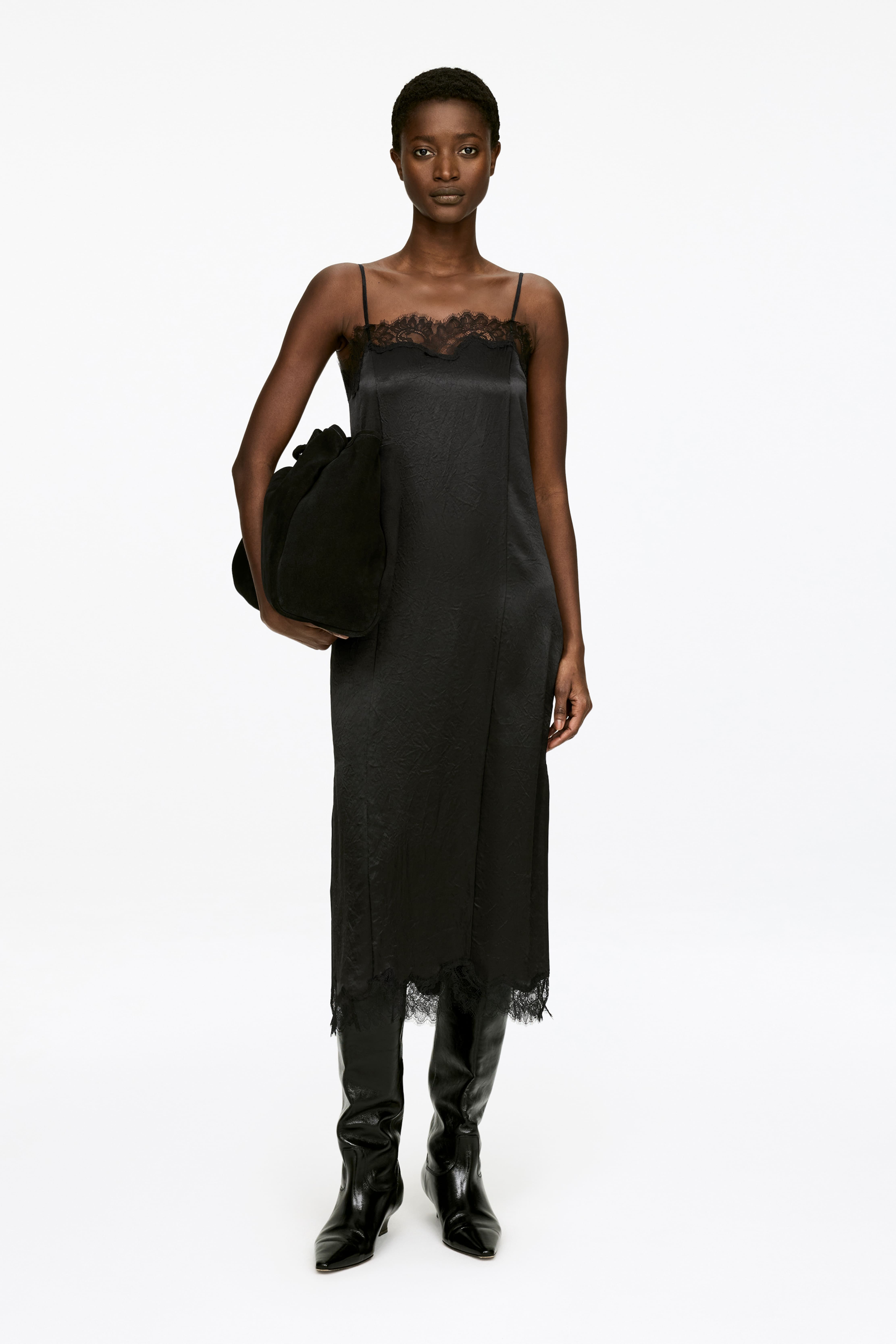 Slip dress con finiture in pizzo - Nero