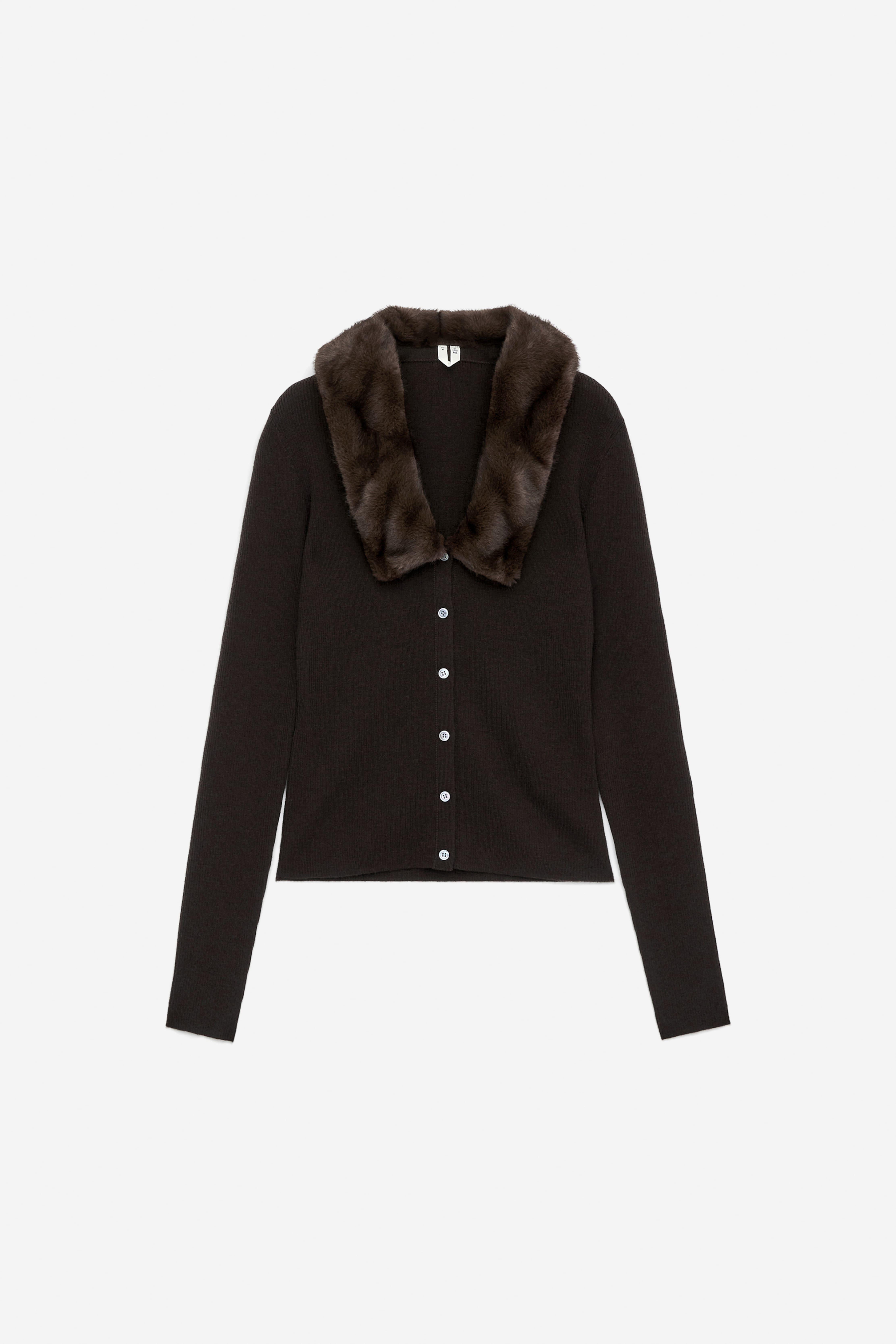 Faux Fur Collar Cardigan - Dark Brown