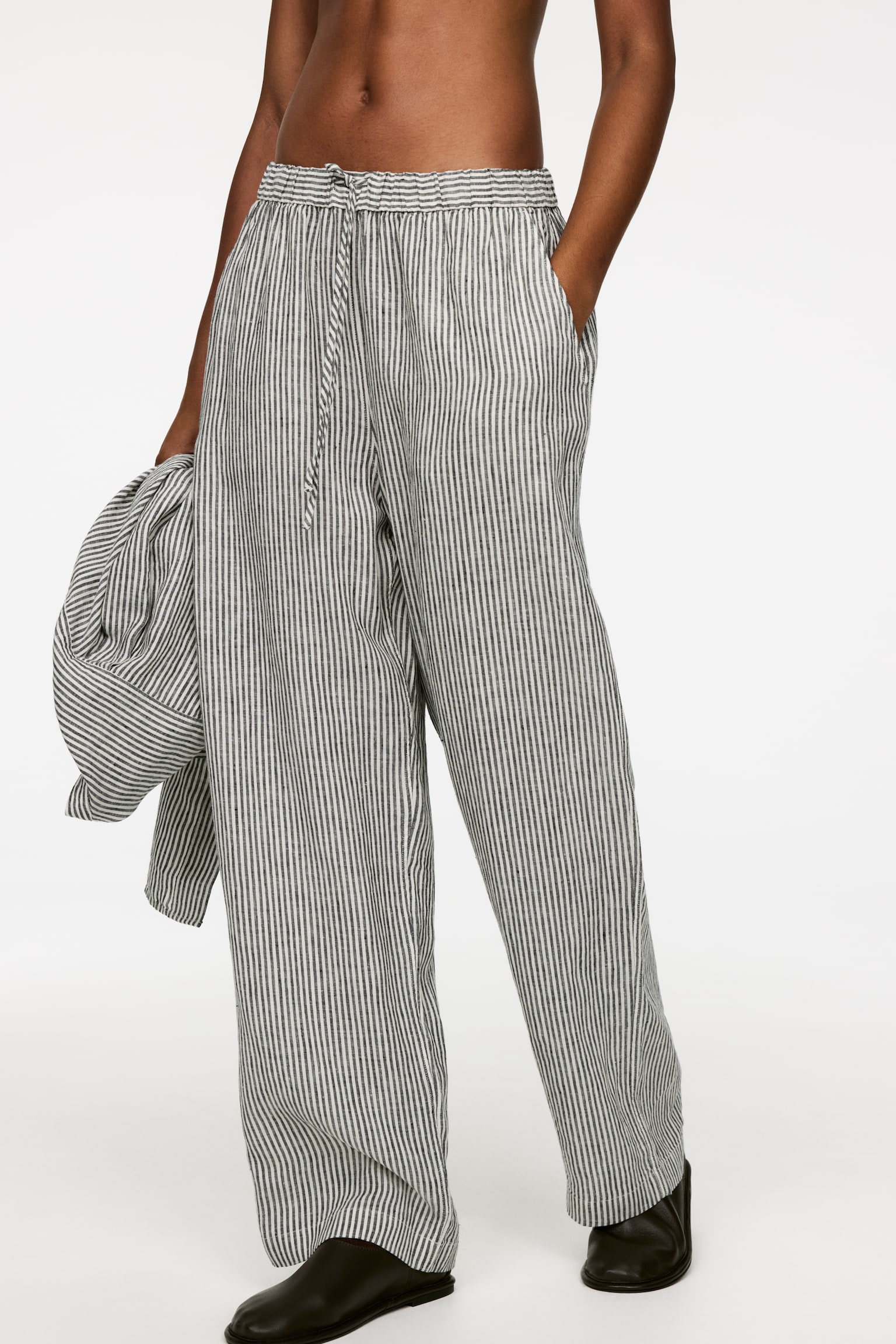 Linen Drawstring Trousers - Off White/Black/Black/Beige - 4