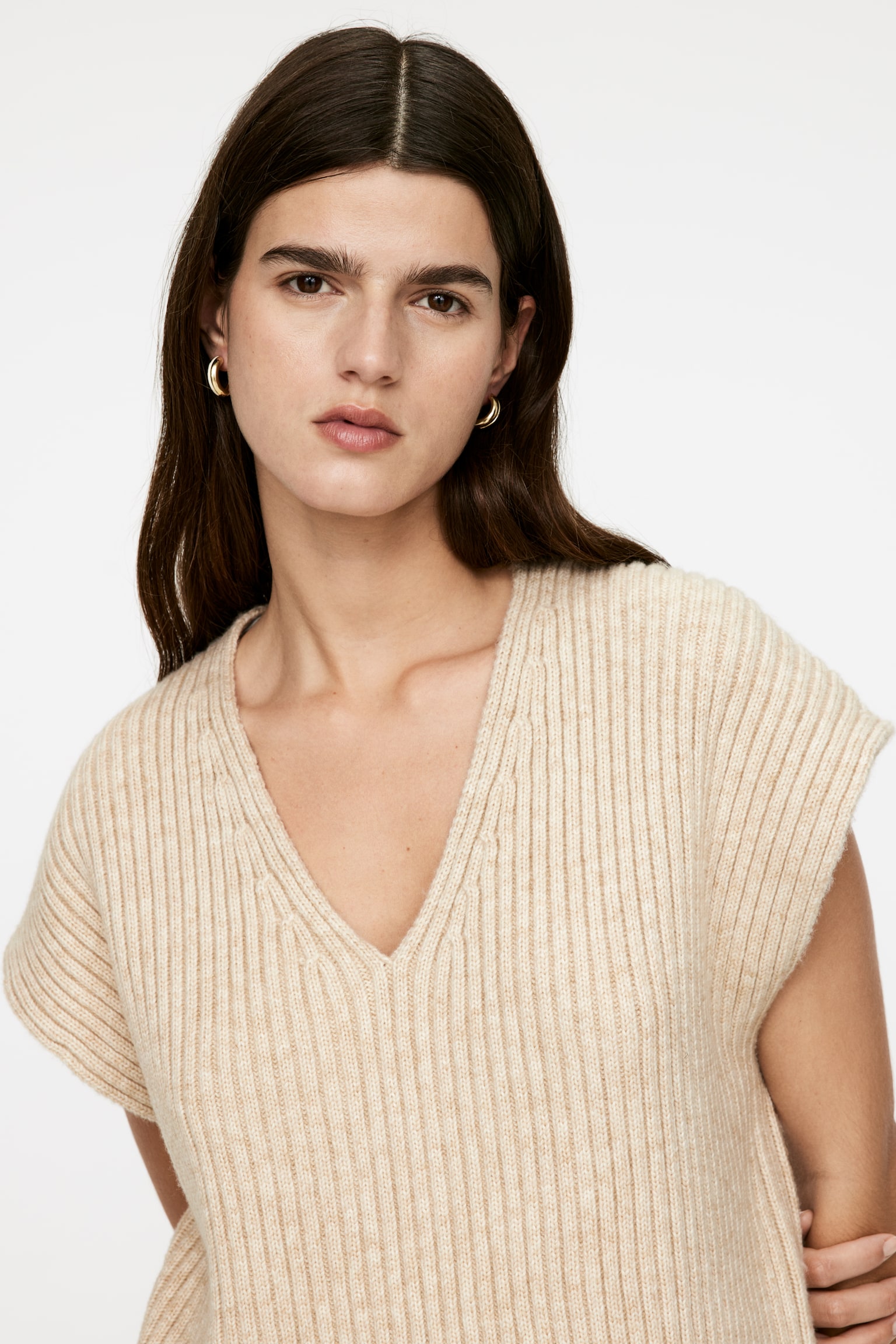 Relaxed Rib-Knit Vest - Light Beige - 3