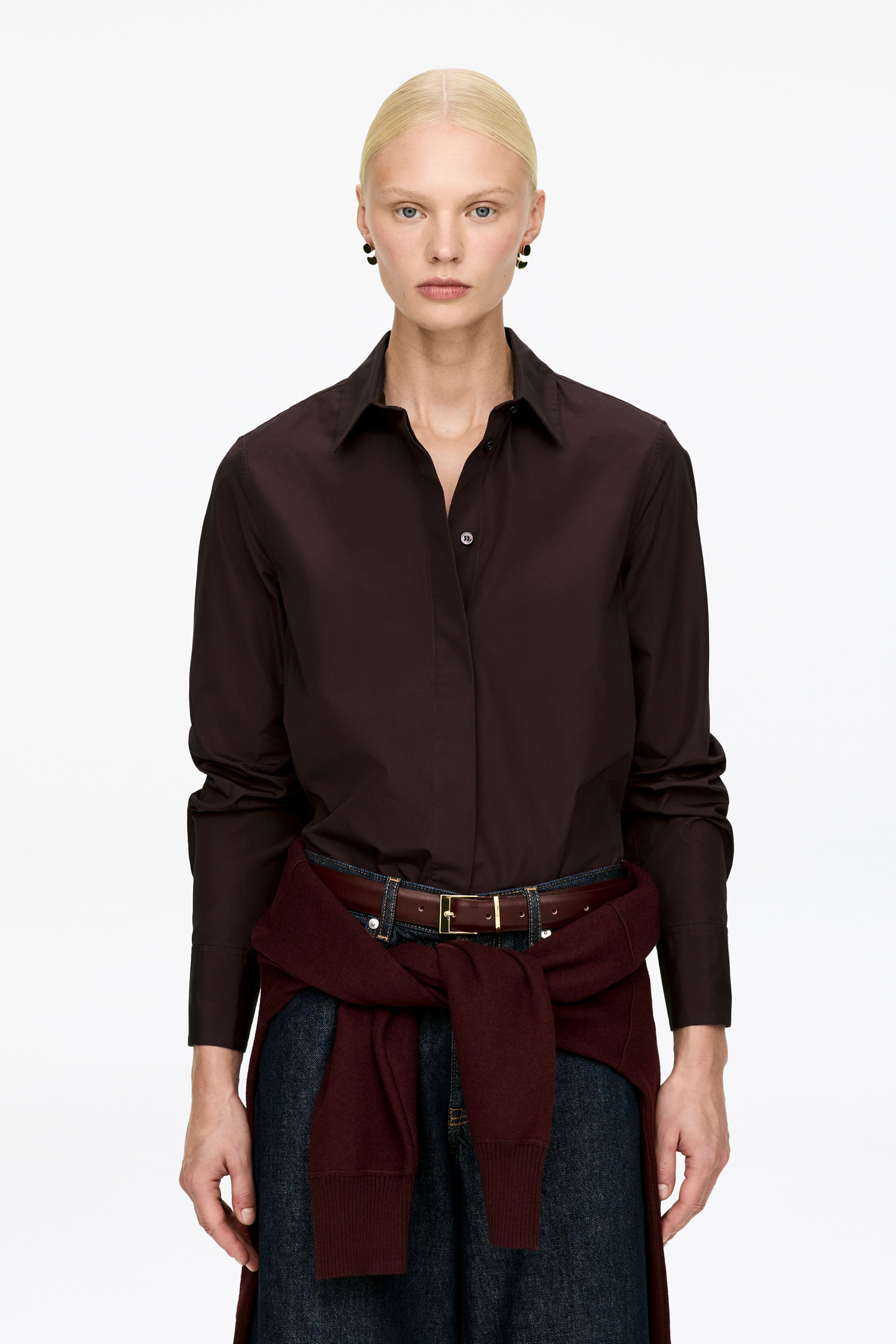 Риза от поплин с обикновена кройка - Бордо/Бяло