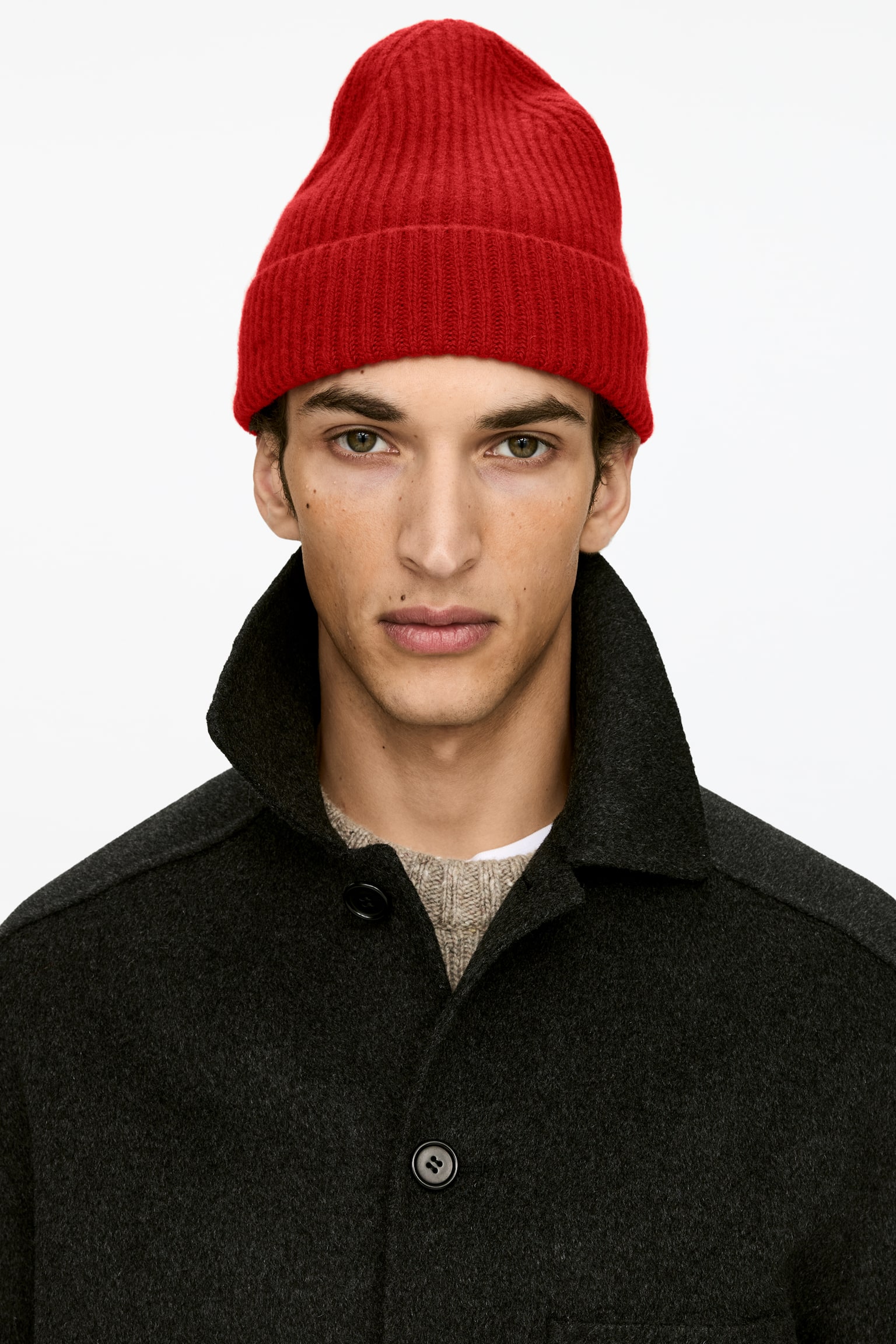 Ribgebreide beanie van een wolmix - Rood - 1