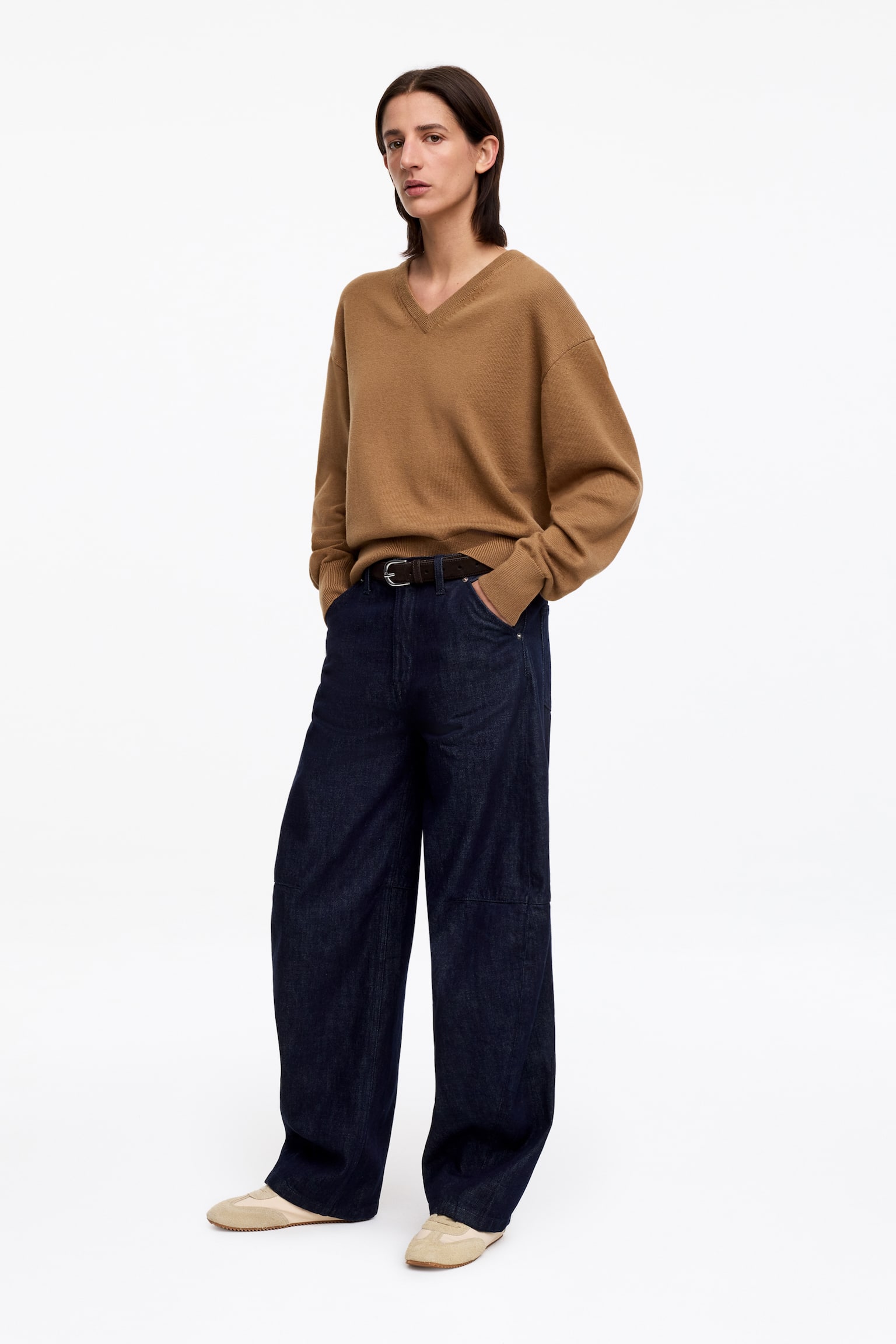 Pull en coton et laine à col en V - Marron/Gris chiné - 5