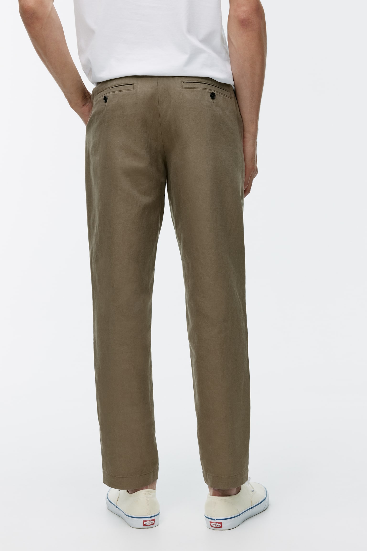 Regular Cropped Cotton-Linen Trousers - Khaki Green/Off-White - 6