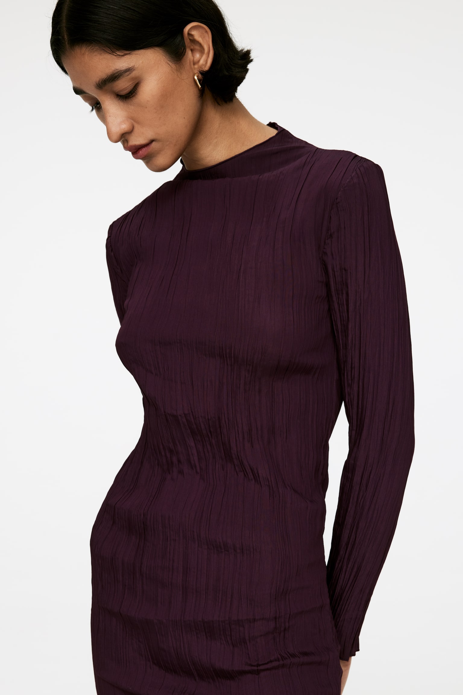 Mock-Neck Plissé Dress - Burgundy - 6