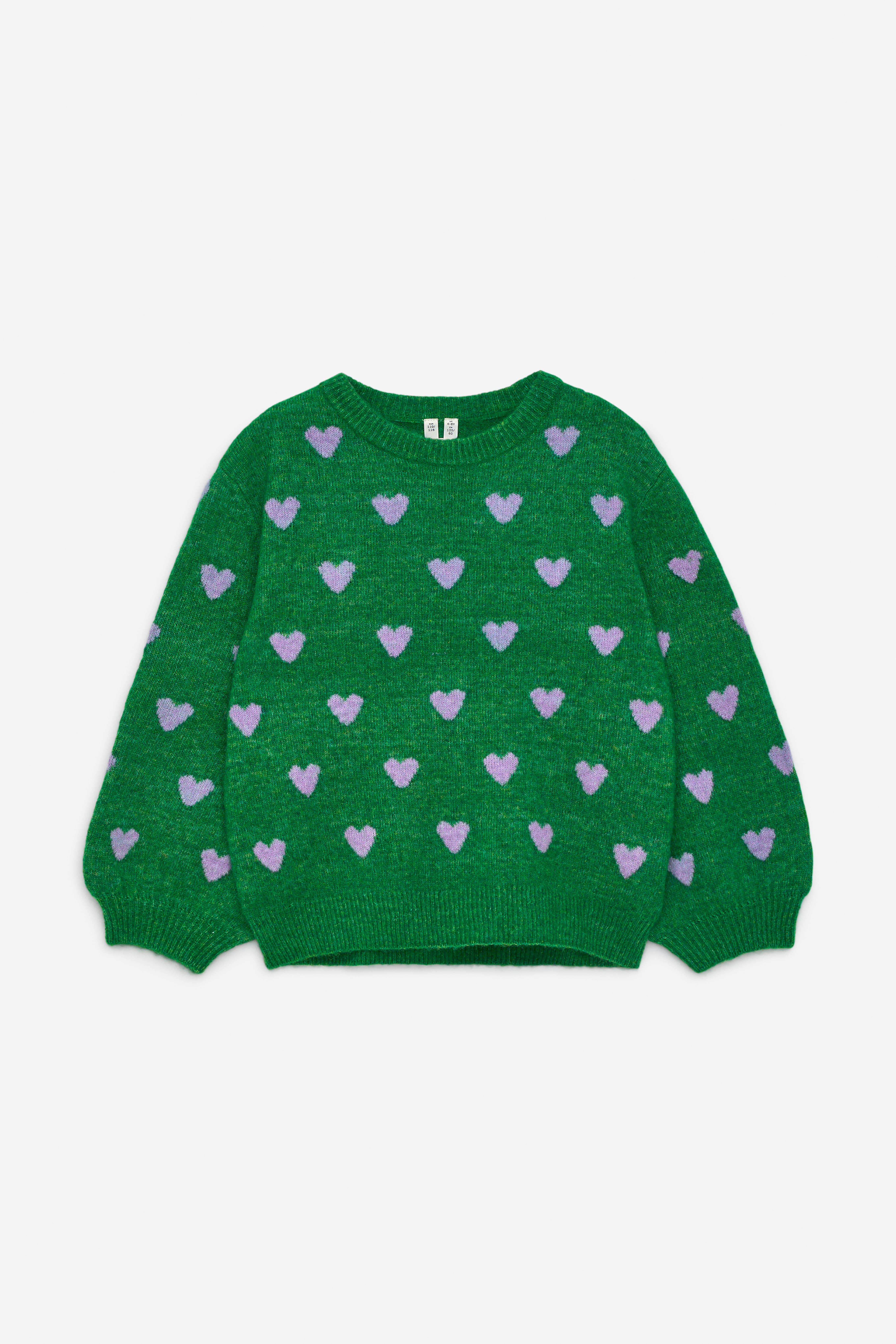 Strickpullover mit Intarsien - Grün/Herzen in Flieder