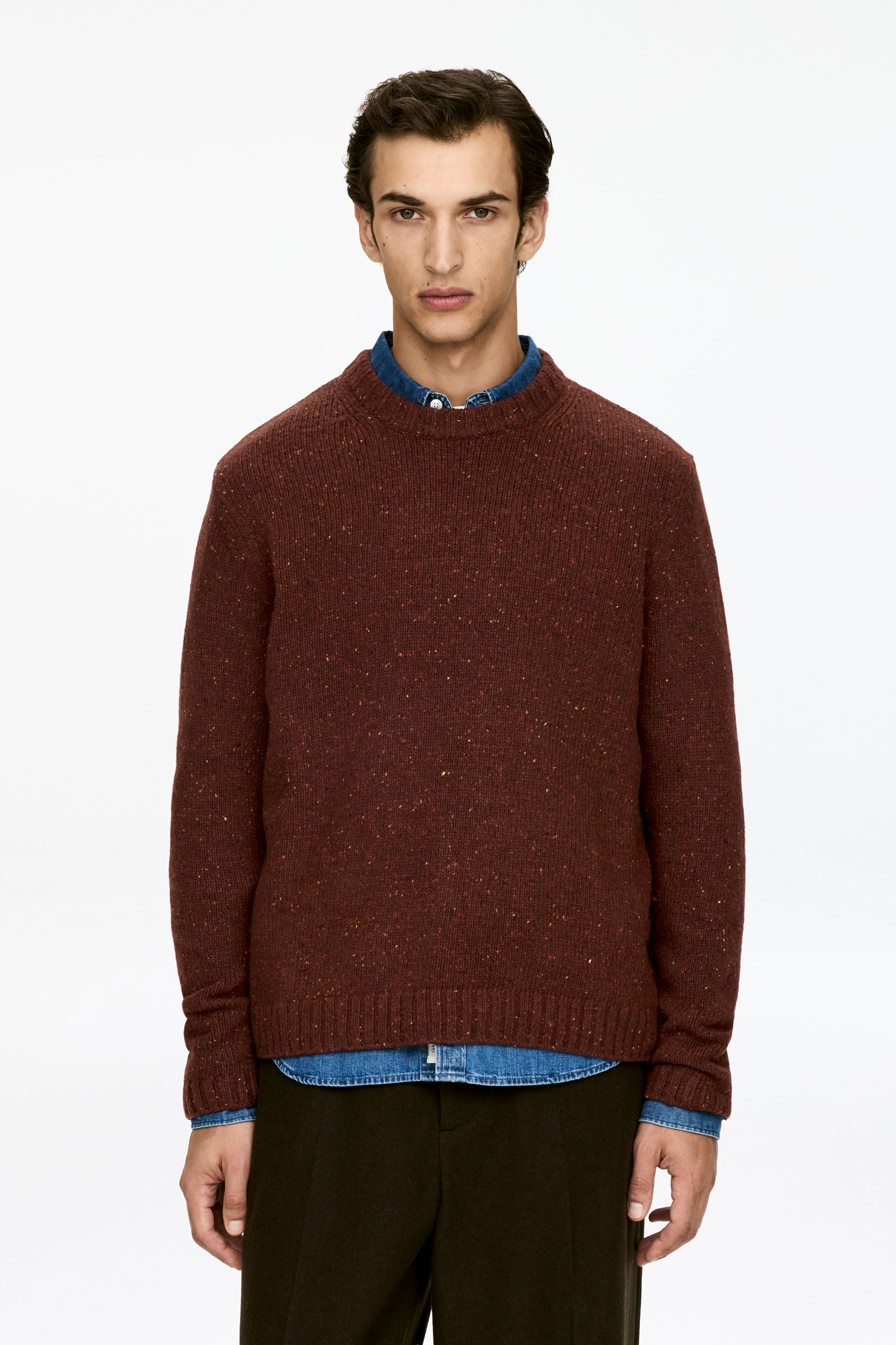 Tröja i ull- och alpackablandning - Vinröd/Beigemelerad/Mörkblå