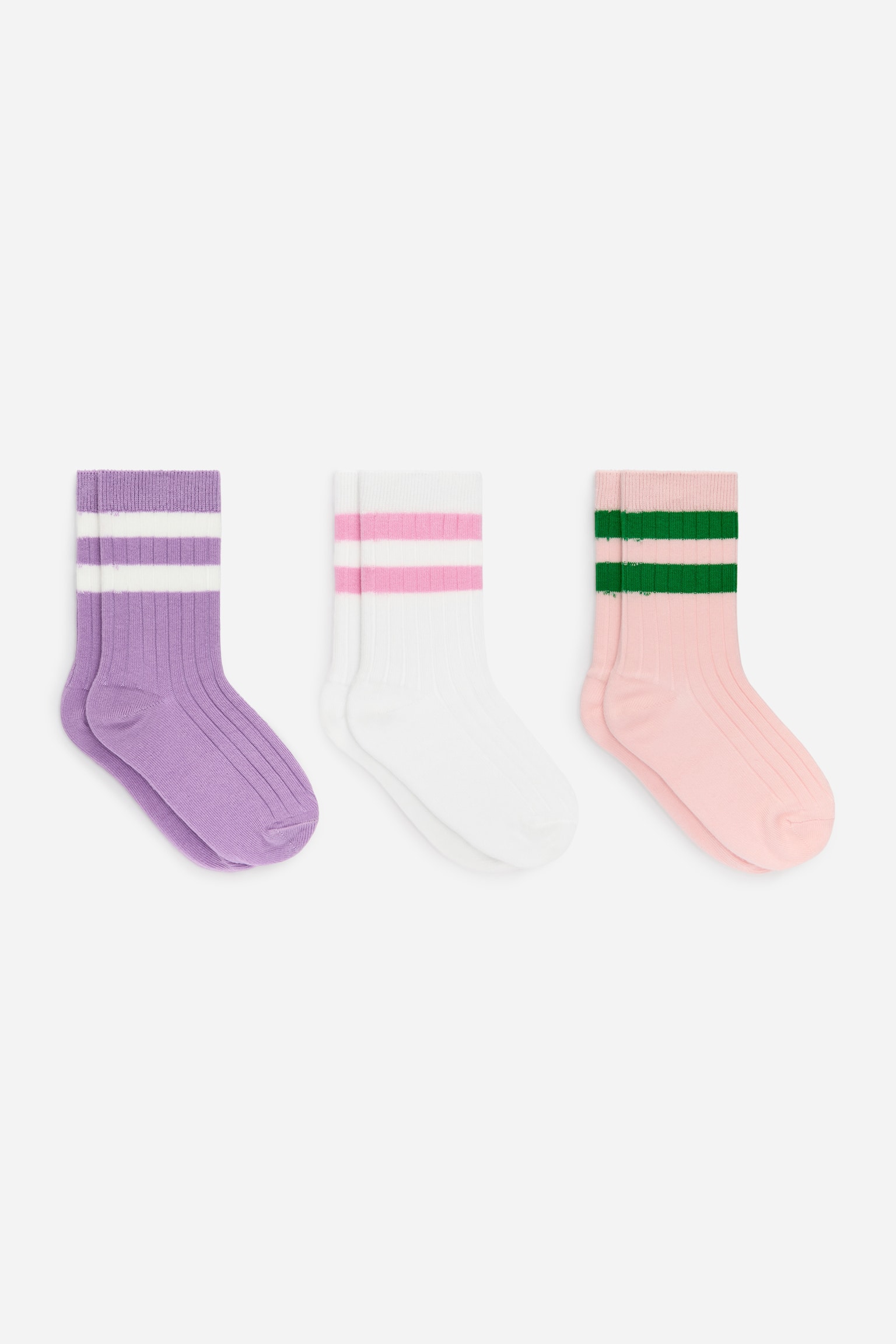 Ribbstickade strumpor, 3-pack - Lila/vit/rosa/Grön/vit/blå/Rosa/vit/lila/Blå/vit/svart