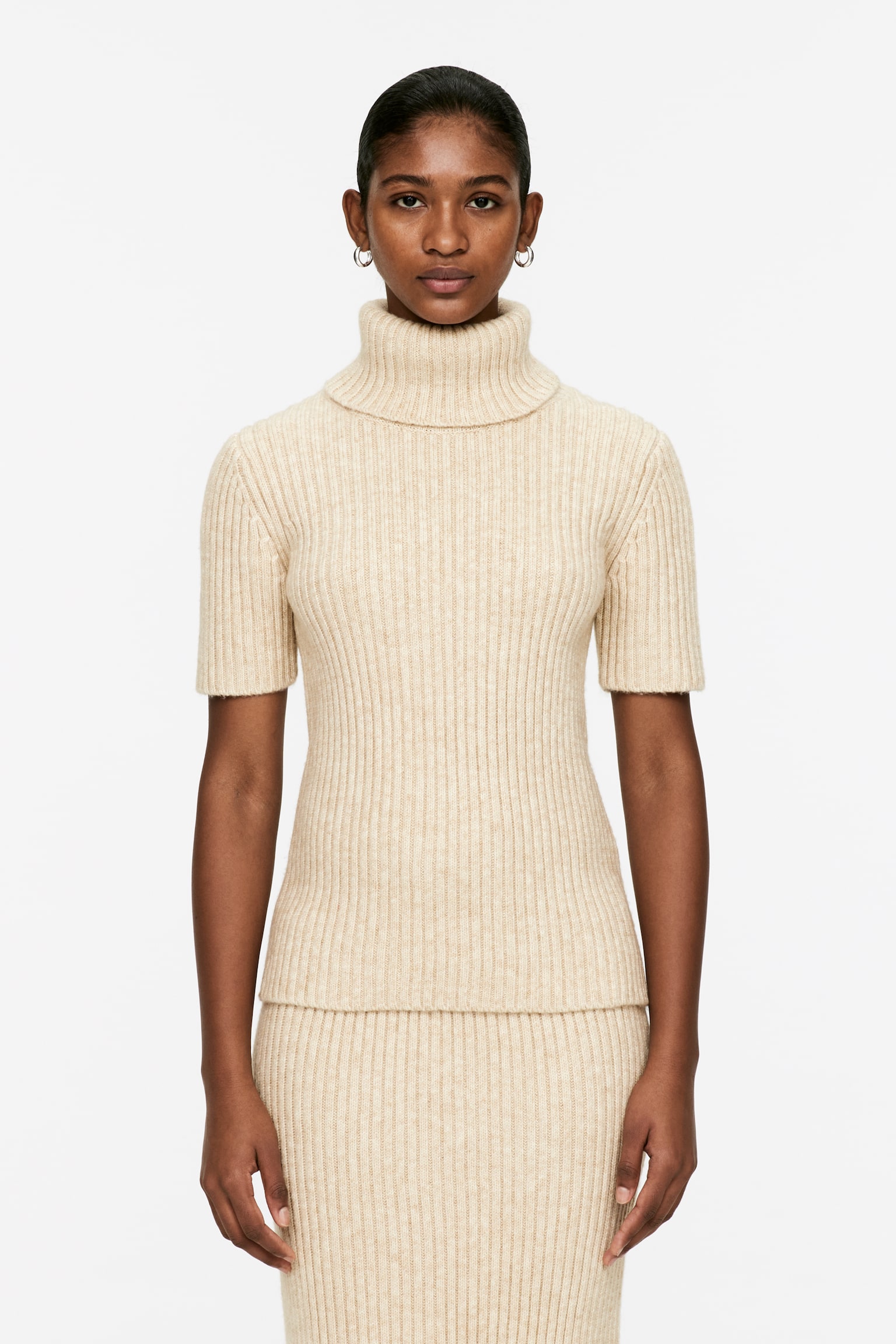 Rib Roll-Neck Jumper - Beige Melange - 1