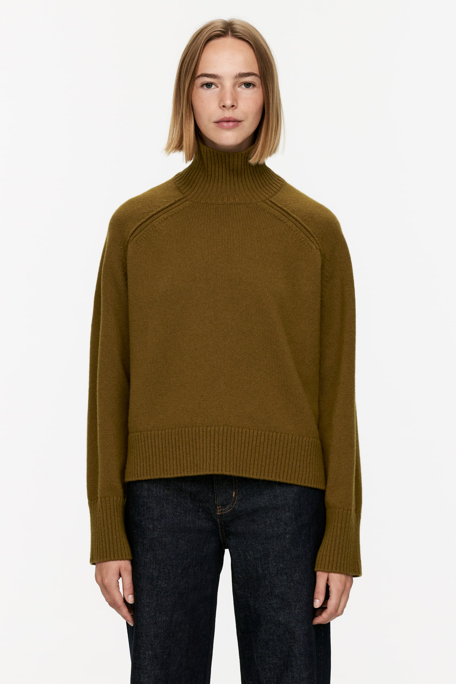 Roll-Neck Wool Jumper - Khaki Green/Dark Blue - 1