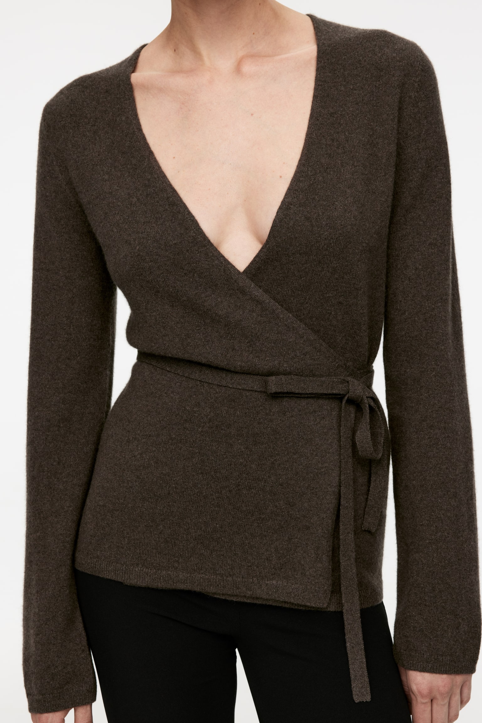 Cashmere-Wool Wrap Cardigan - Dark Brown - 5