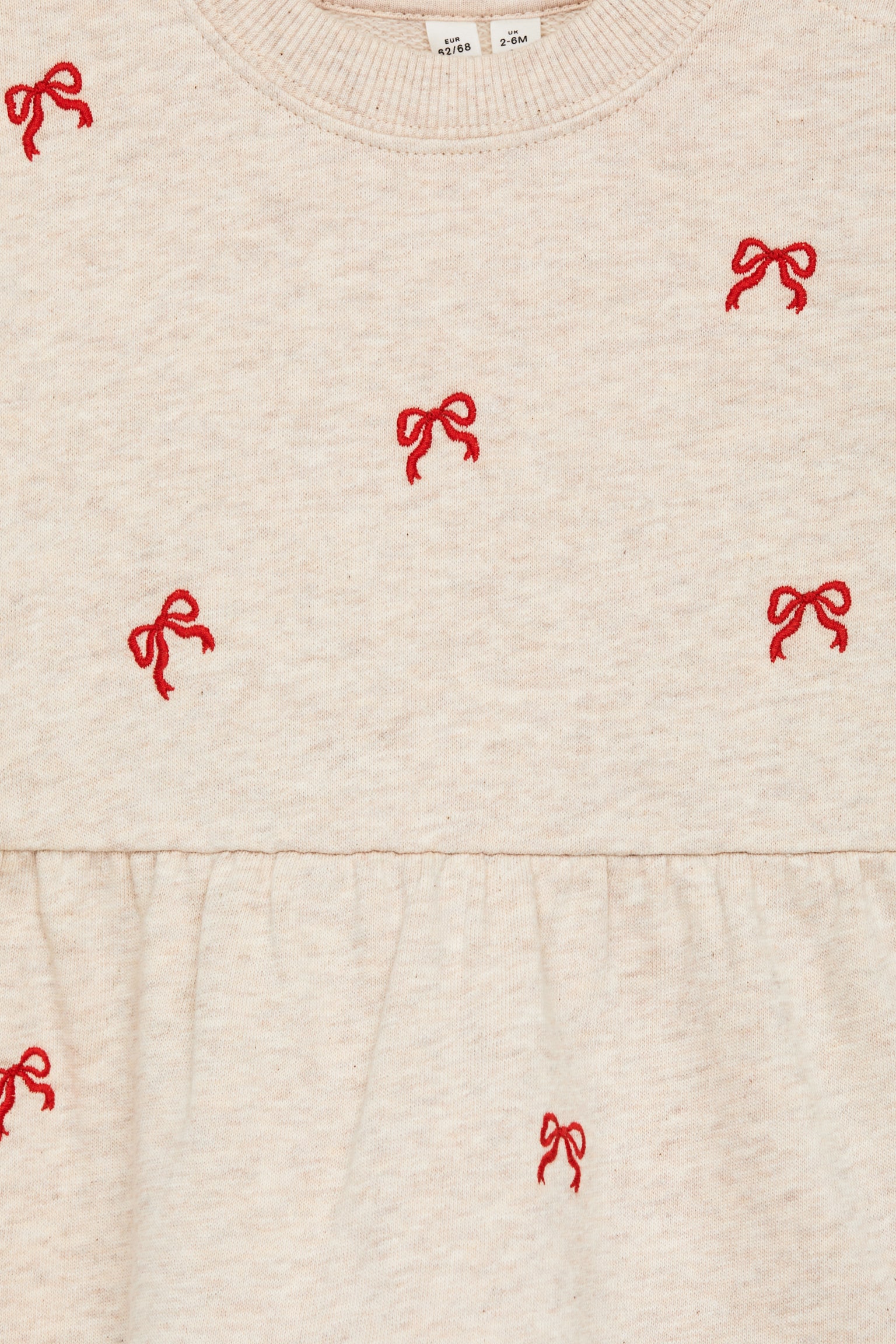 Embroidered Jersey Dress - Beige/Red Bows - 3