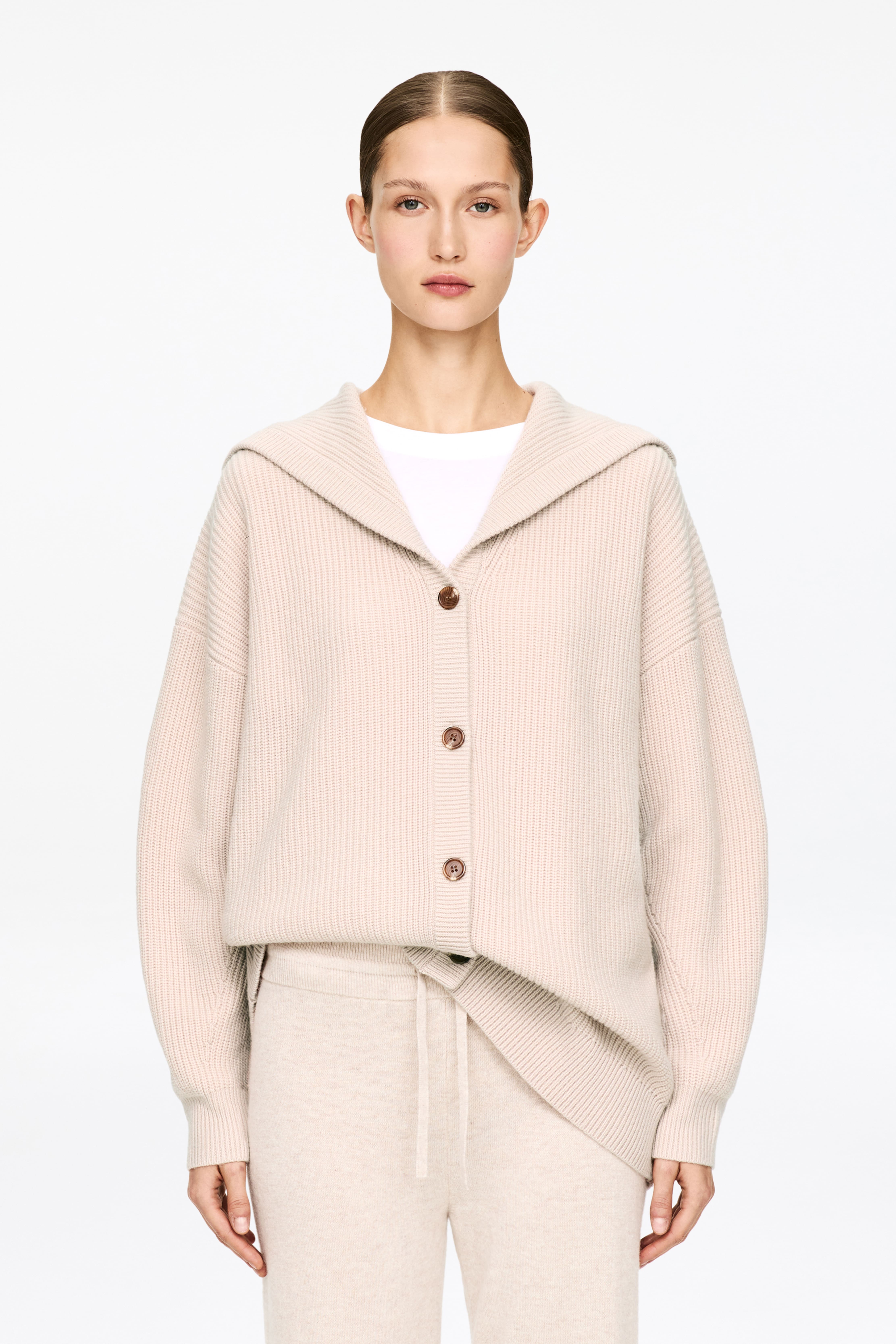 Cardigan i kashmir og uld med hætte - Beige