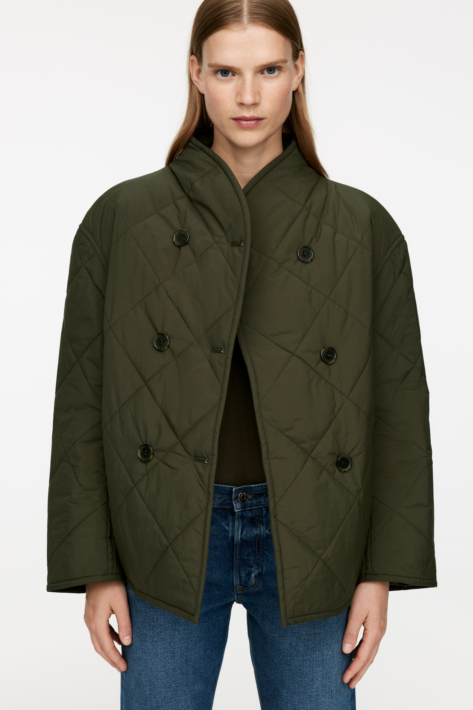 Quilted Shawl-Collar Jacket - Dark Kahki Green - 5