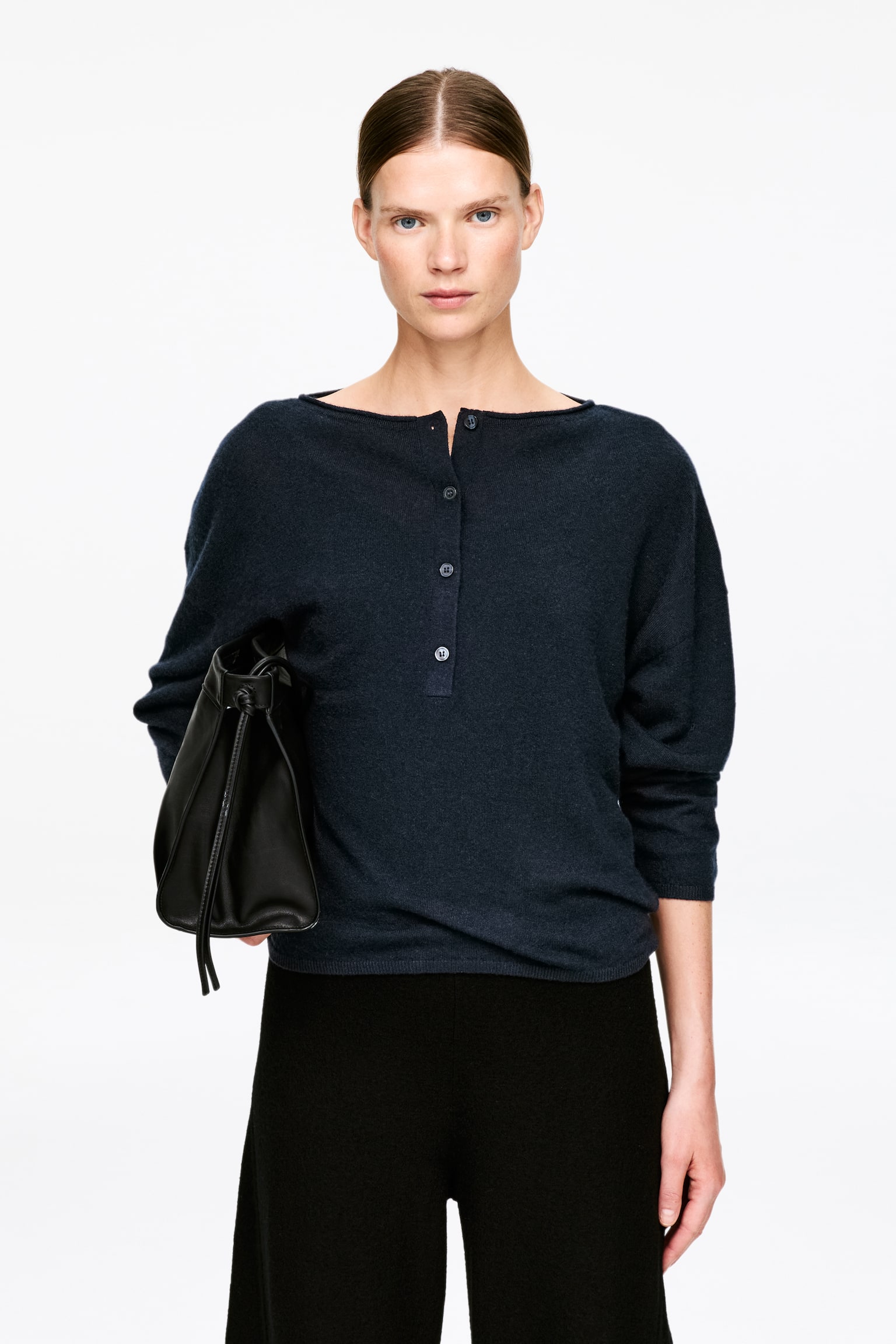 Maglione con scollo a barchetta in puro cashmere - Blu scuro/Grigio - 1