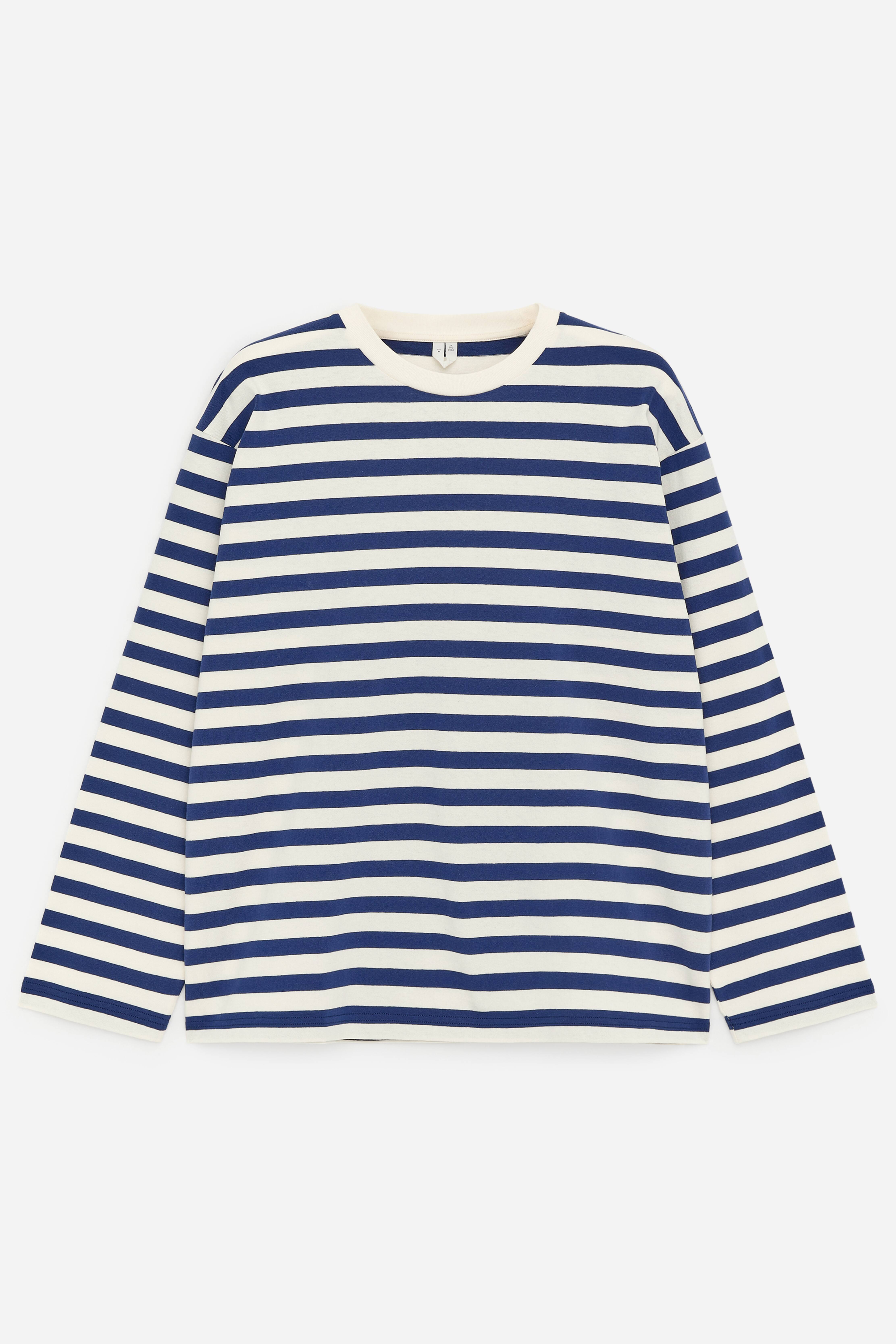 Luźny T-shirt z długim rękawem - Niebieski/biały