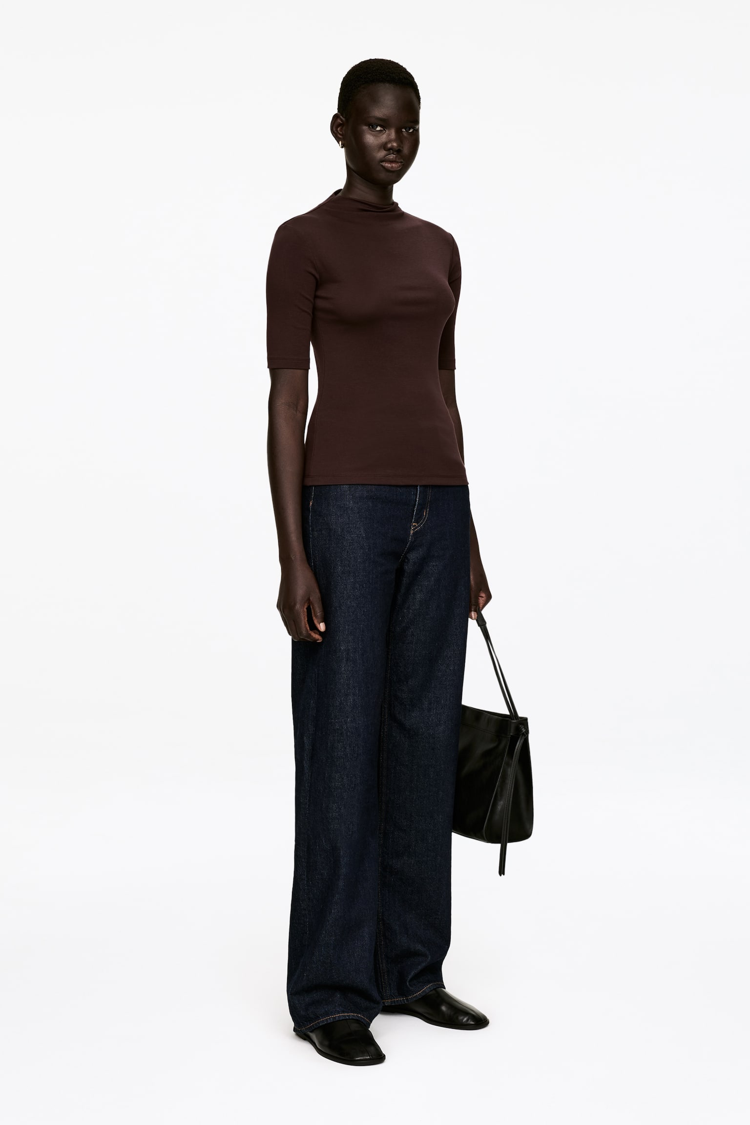 Ribbad topp med halvpolo - Brun - 5