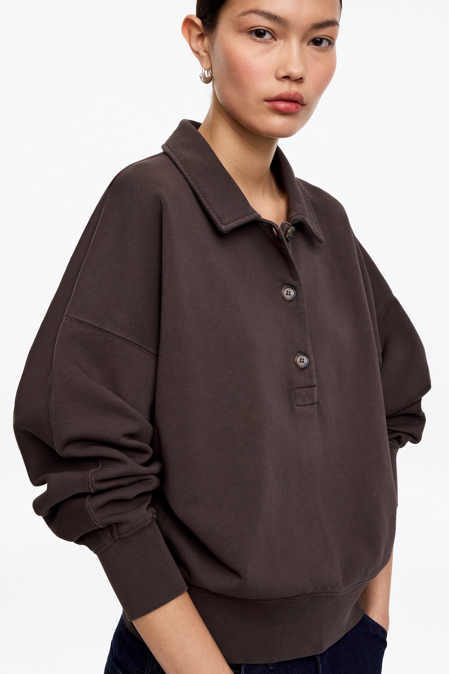 Sweatshirt aus French Terry mit Polokragen - Dunkelbraun/Hellblau/Cremeweiß - 5