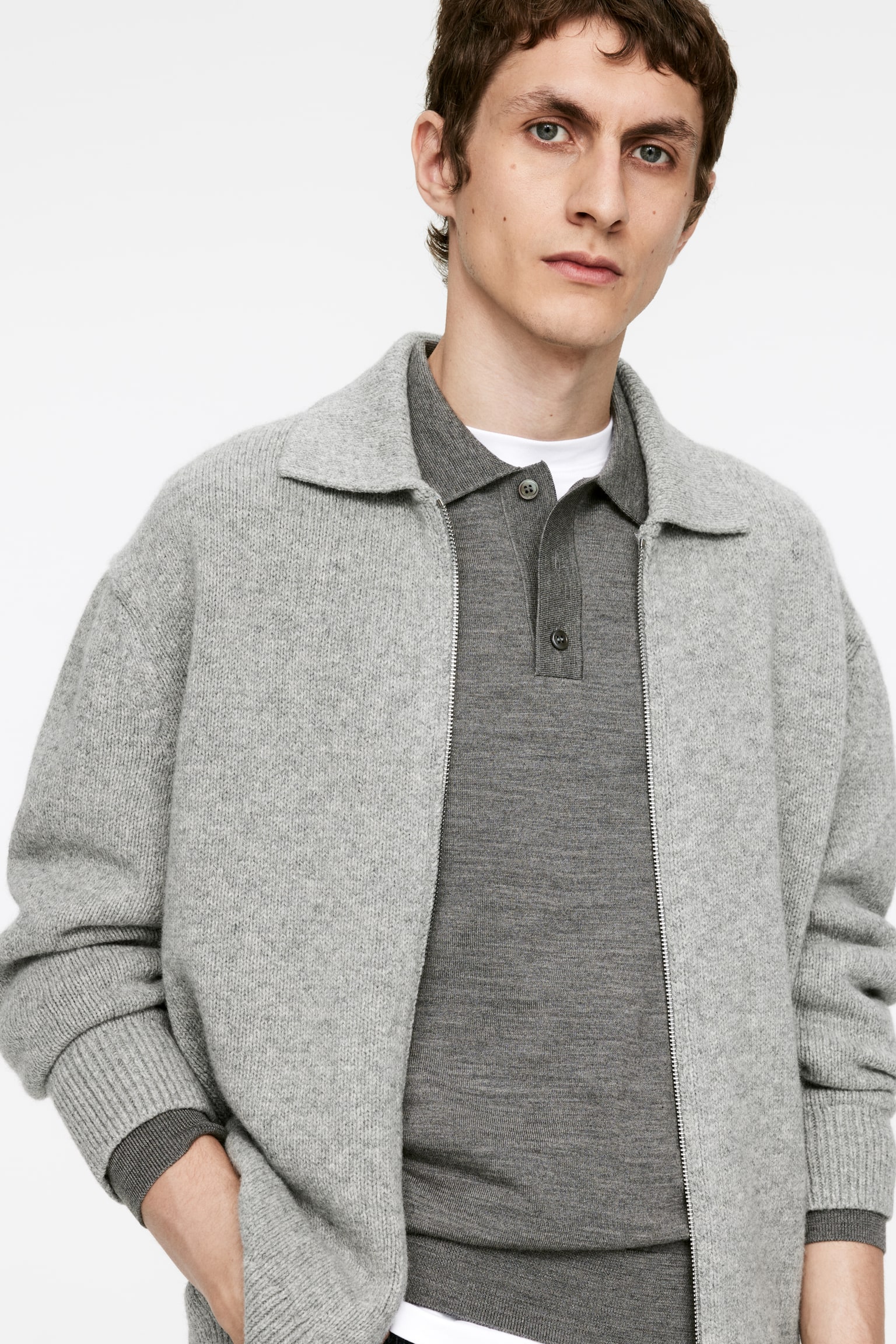 Wool Zip Cardigan - Grey Melange - 5