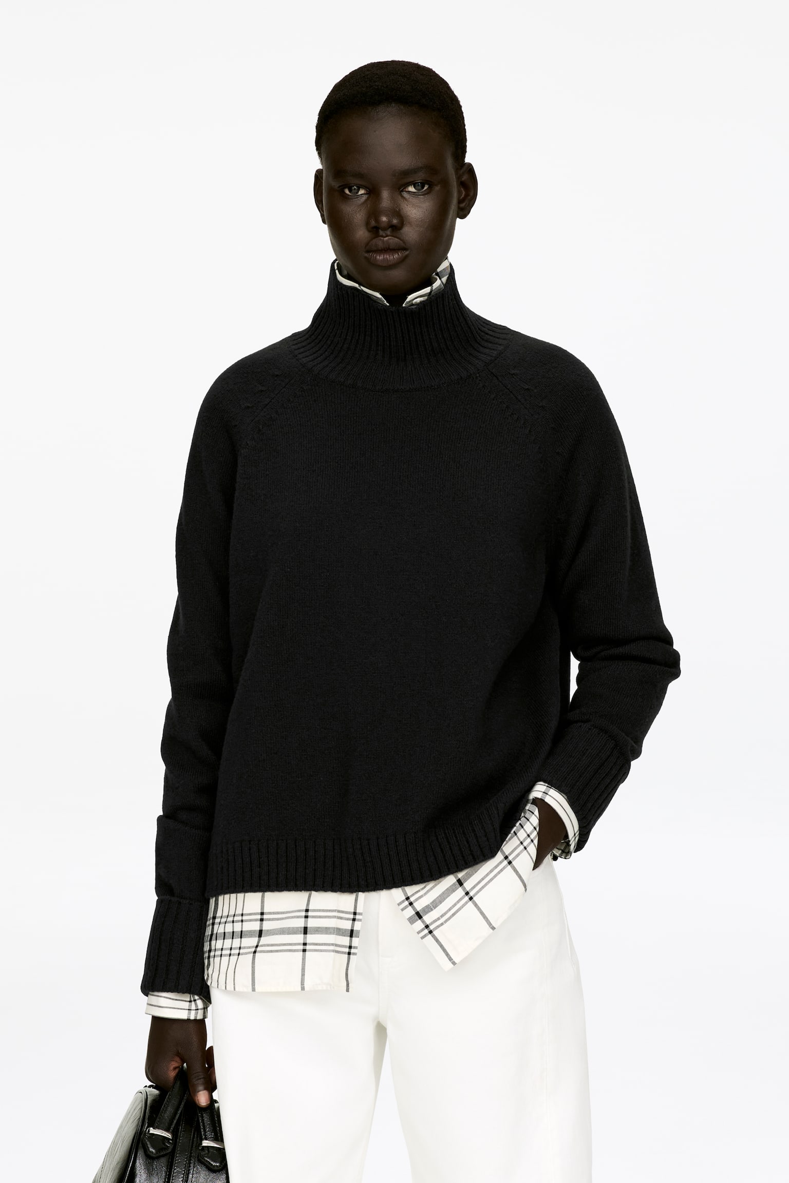 Wollpullover mit Rollkragen - Schwarz/Dunkelgrau meliert/Rot - 1