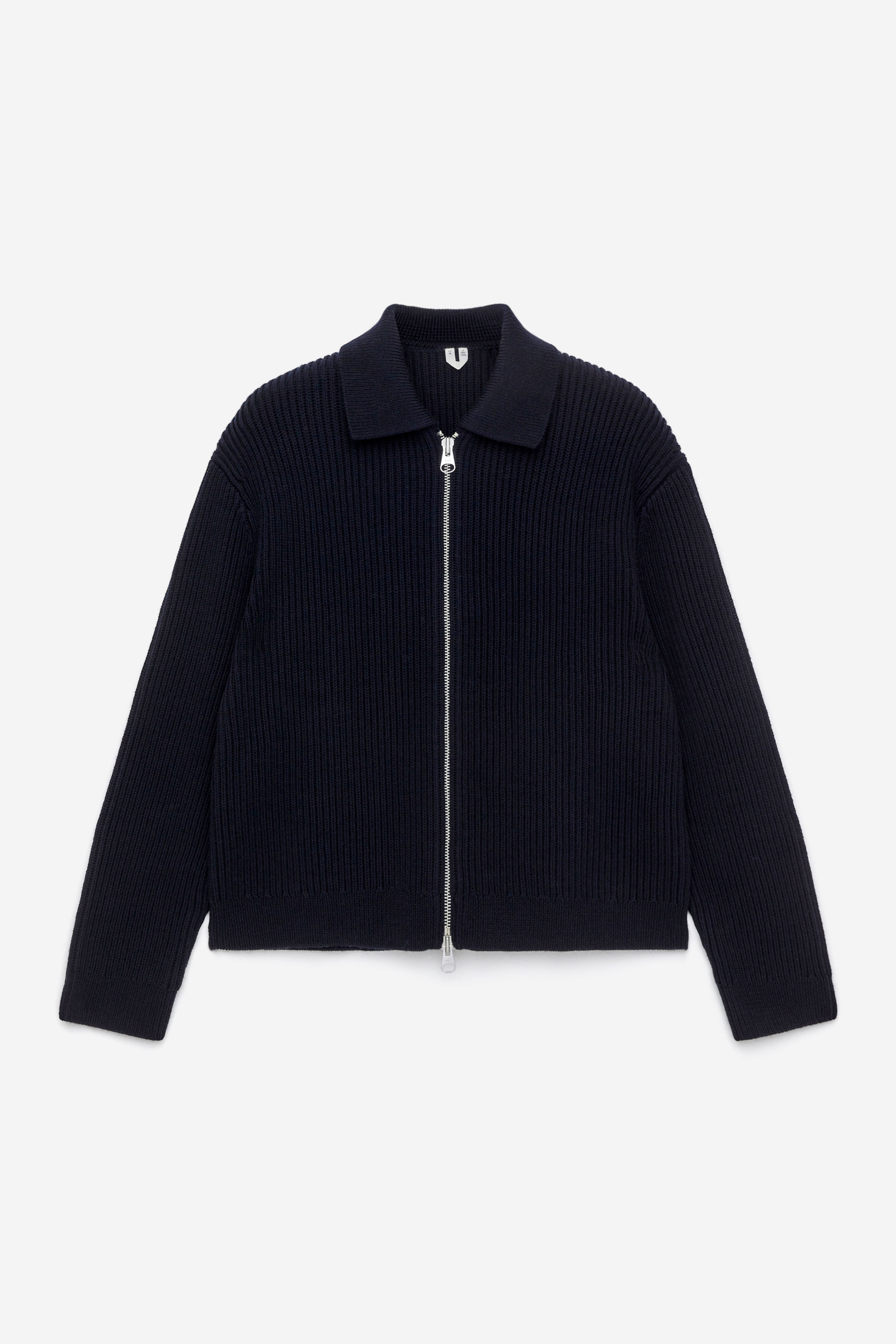 Woll- und Baumwollstrickjacke mit Reißverschluss - Dunkelblau