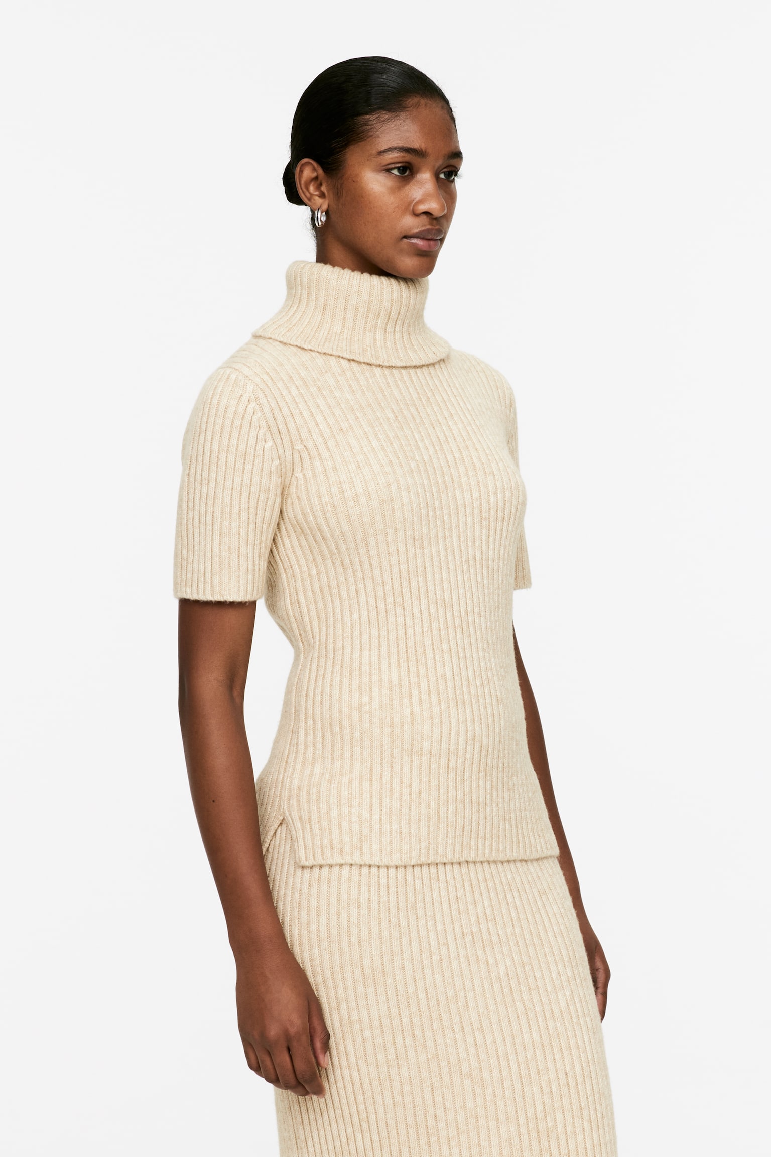 Rib Roll-Neck Jumper - Beige Melange - 5