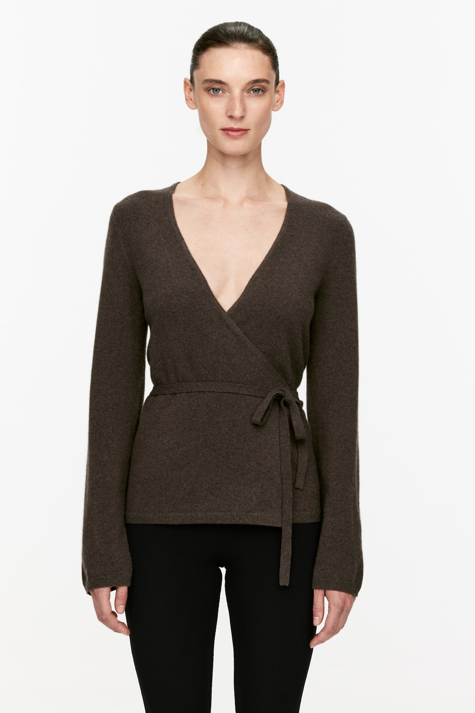 Cashmere-Wool Wrap Cardigan - Dark Brown - 1