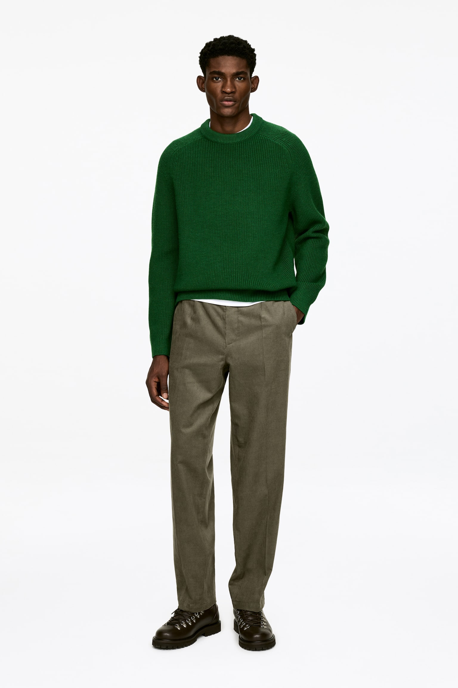 Uvoľnené manšestrové nohavice - Zelená/Čierny - 1