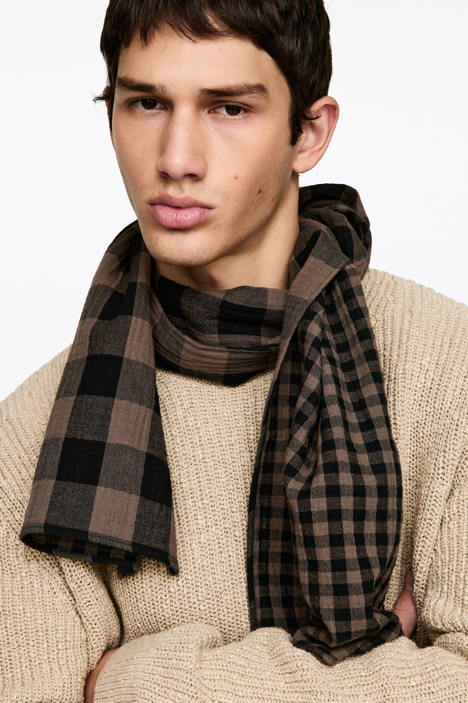 Kostkovaná bavlněná šála - Černá - 4