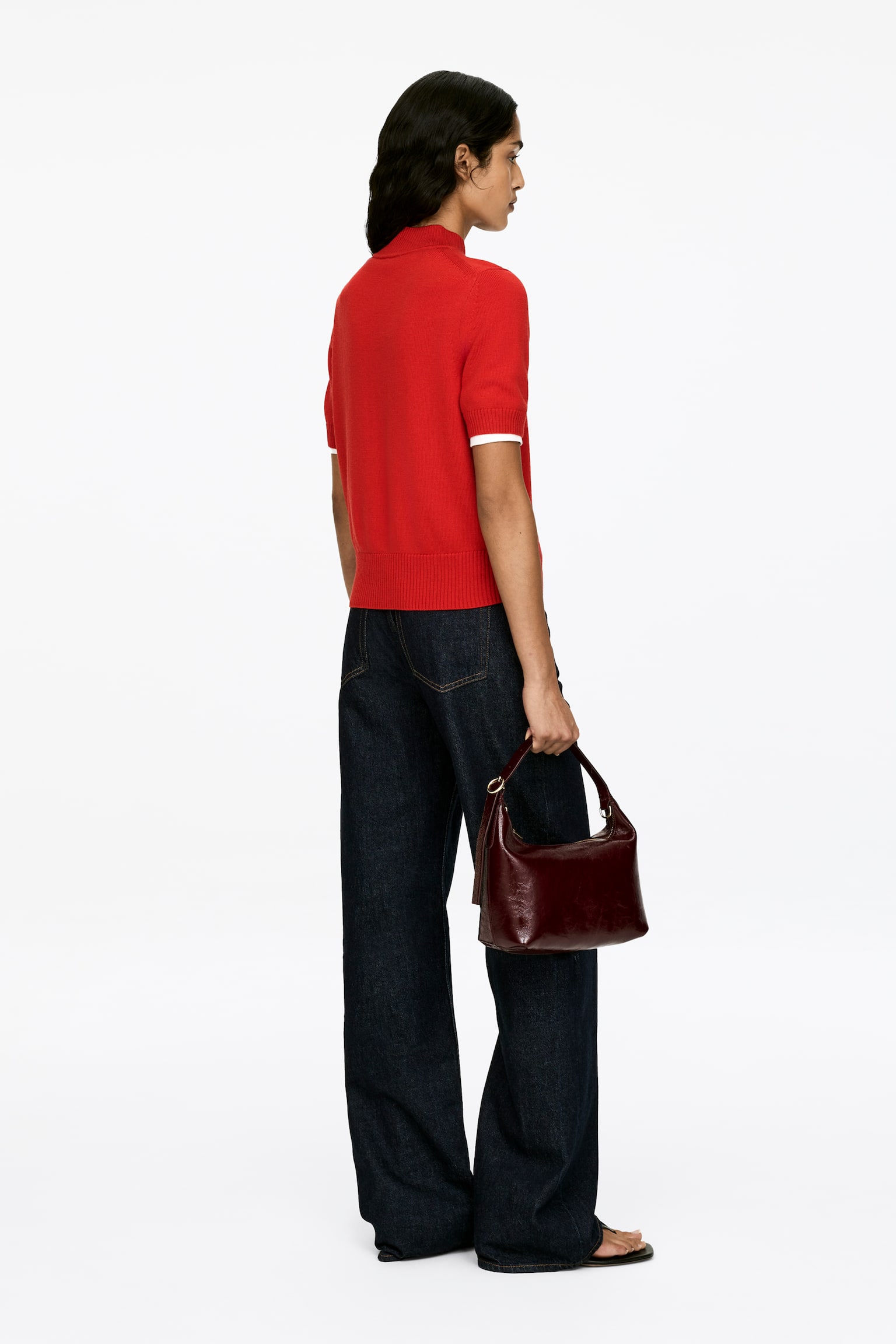 Maglione a maniche corte in lana merino - Rosso - 4