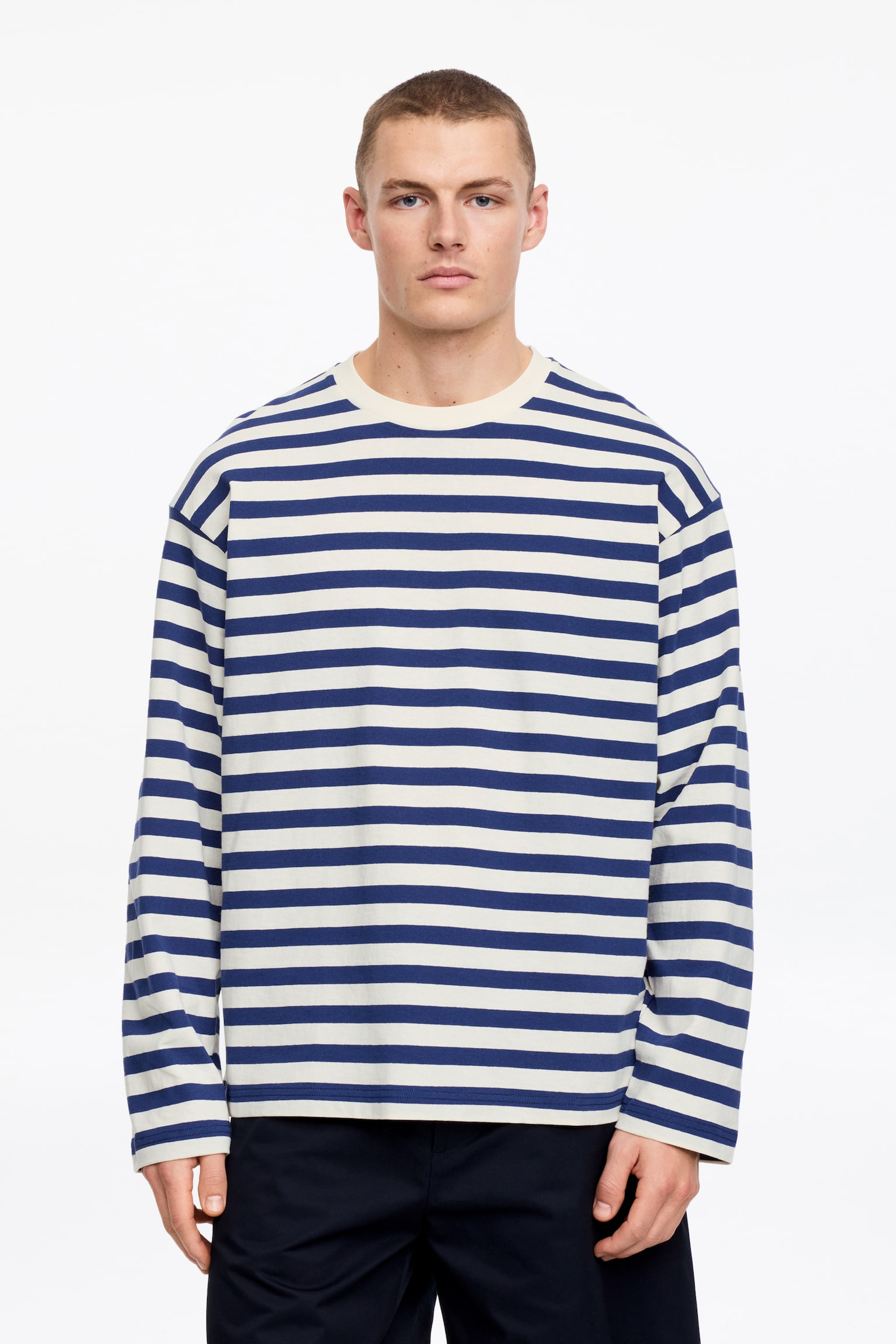 Ruimvallend T-shirt met lange mouwen - Blauw/wit - 1